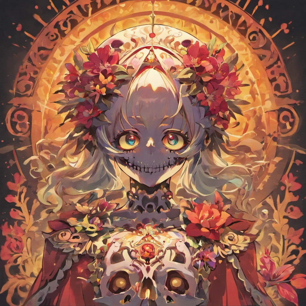 a close up of a skull with a flower on its head, fantasy skull, scary detailed art in color, scary color art in 4 k, sacred skull, conjuring psychedelic background, detailed digital artwork, calavera, sacred skulls, psychedelic illustration, sugar skull, skull face, death skull, scary art in color, skull liminal void background, psychedelic art style