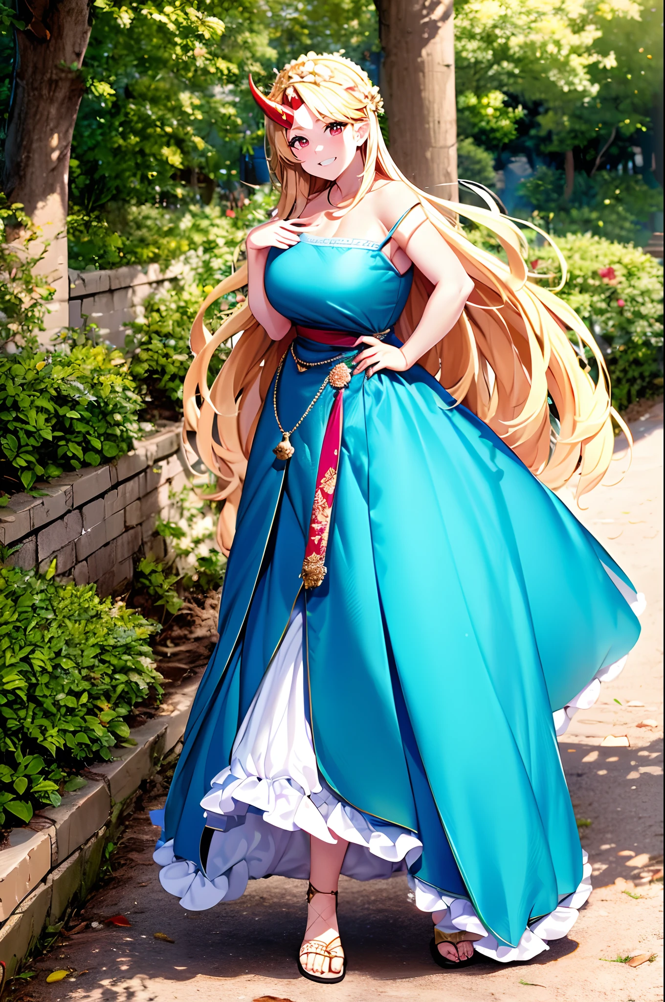 hoshiguma yuugi, european medieval cloths, crazy smile, big breast, large skirt, long skirt, flipflops, full body, standing, medieval clothing,vintageillustration, martial arts, long skirt,(best quality,4k,8k,highres,masterpiece:1.2),mega-detailed,(,1.37),portraits,vivid colors,warm tones,soft lighting