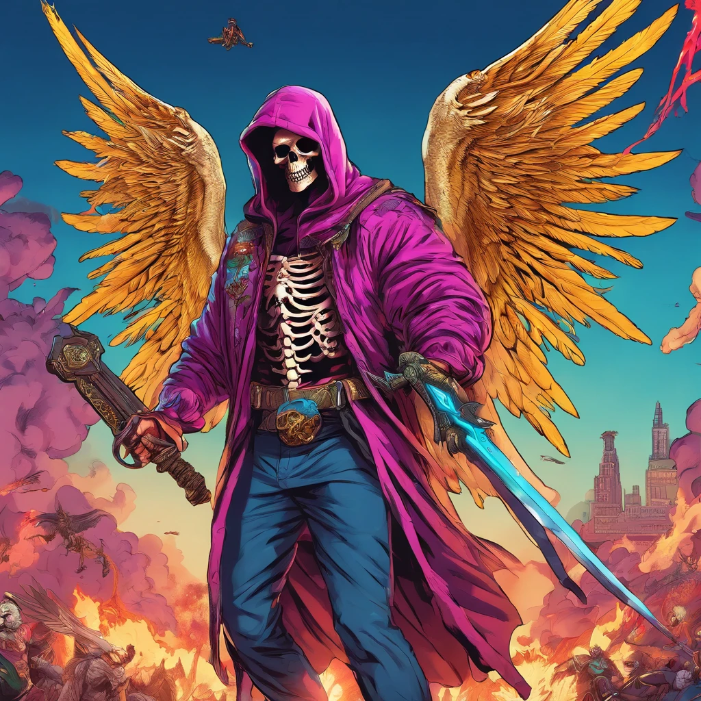 realistic, 4k, an angel + Skeleton king with intricate details, showcasing detailed info items and skill images with dynamic effects + with big wings, a sword, a hood over his head in the background image of a war (chaos)