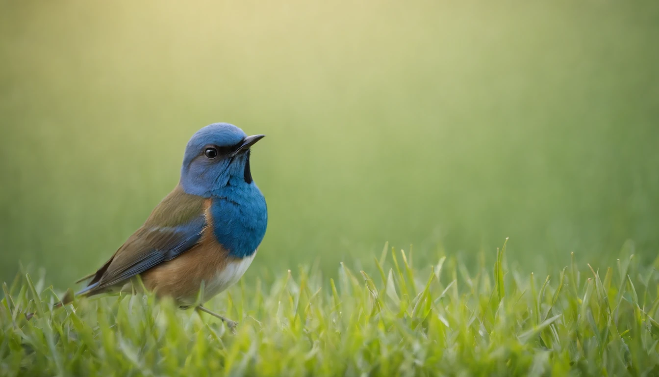 Green grass,Little blue bird chatting,Friendly atmosphere