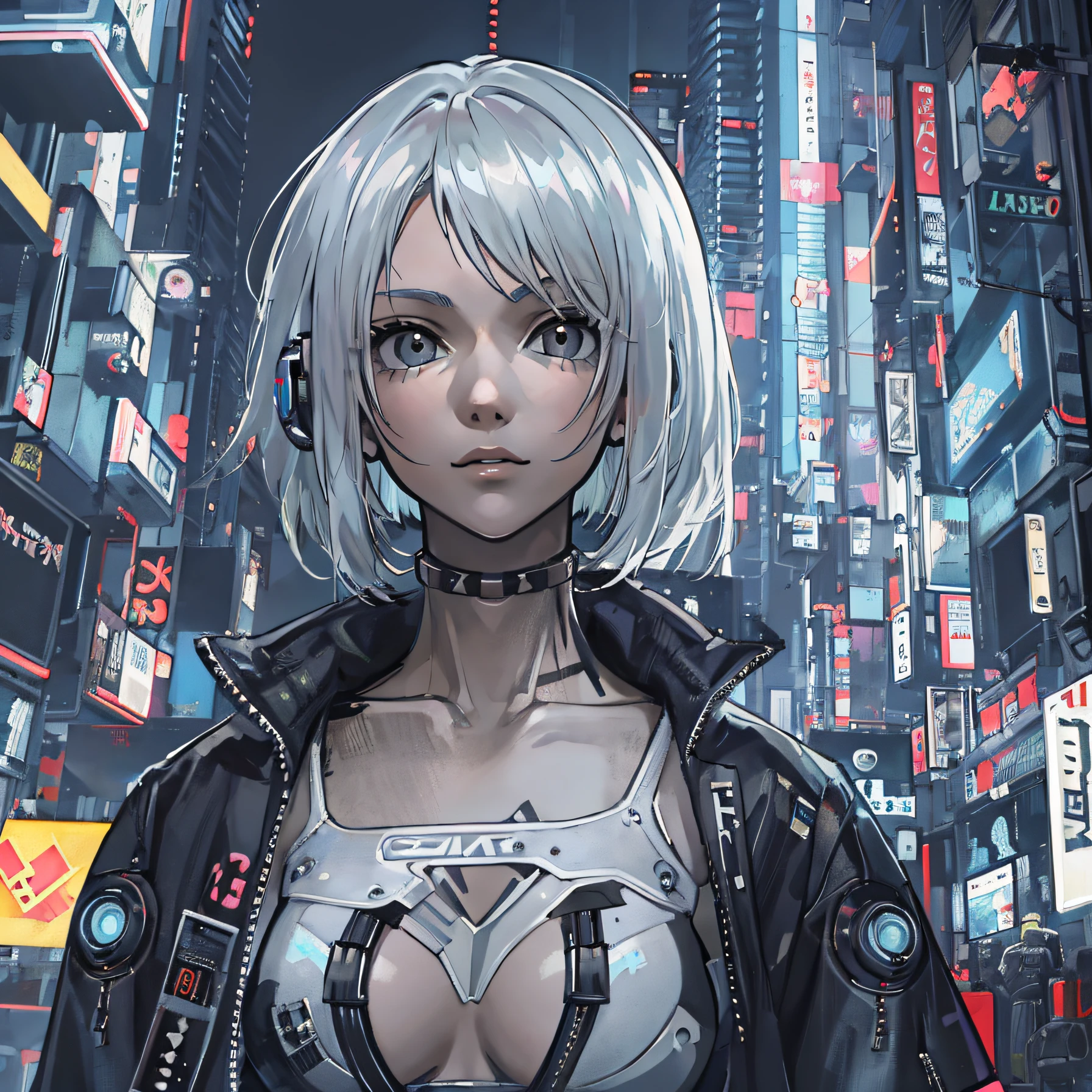 resolution、(masterpiece:1.4)、ultra-detailliert、Cyberpunk Girls、cyber punk Girl、Short Bob、white hair、Long gray hair、Cyberpunk、Cyber City、nightcity、Raw feet、