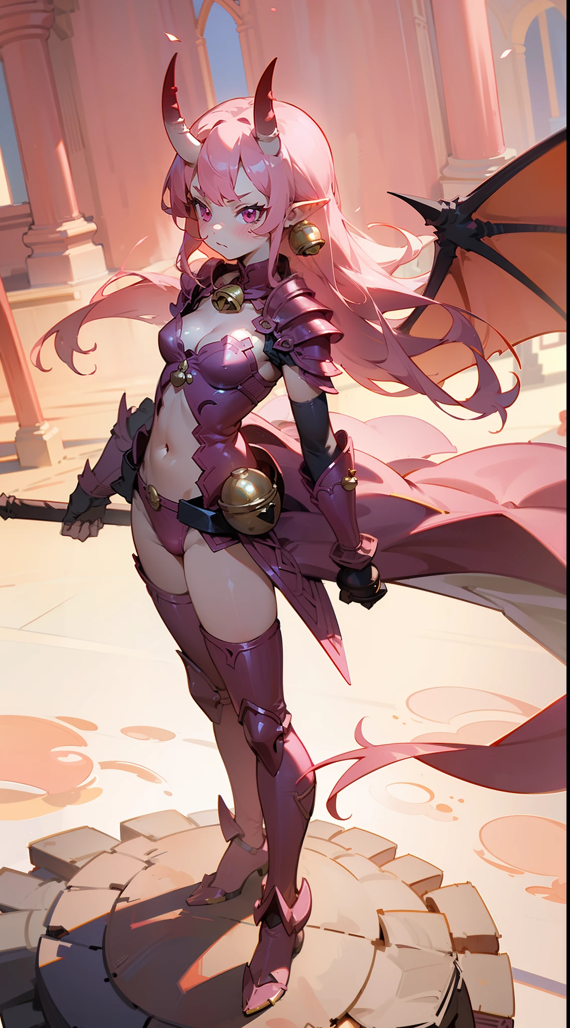 masterpiece, best quality,1girl, (small body,8years),solo, cute face, pink eyes, small breast,red oni horns, pink armor,cleavage,(bare bell),long hair, pink hair, pointy ears,dragon wings,serious,sexy,sensual(standing in a arena,sunlight),full body