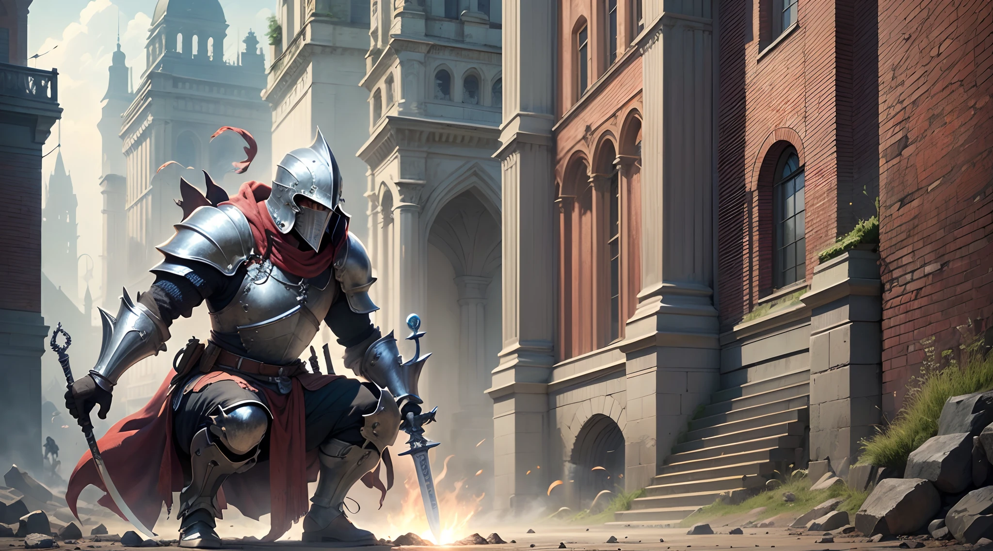 (8k unit wallpaper CG extrem detailliert, Meisterwerk, best quality, Ultra-detailliert), (((nur))), ((Weitwinkel-Schuss:1.5)), (A paladin with a legendary sword), (Thematischer Hintergrund), mittelalterlich, Magnificent scene, Dunkle, unheimliche Umgebung, (dark Souls 3, Illustrator, (Beste Illustration) --auto --s2