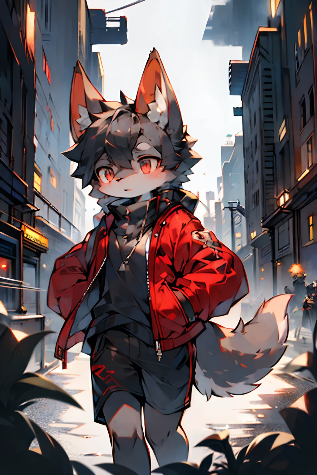 london, England, Twentieth century，gray wolf，female，Long thick black hair，There are two small braids，Run，Light gray，Black  shorts，Red coat，Black shirt，dark gray eyes，Put your hands in your shirt pocket，Handsome（A masterpiece）（high qulity）（Clear structure）（Clear lines）（Background of extreme detail）（extremelydetailedcharacter）