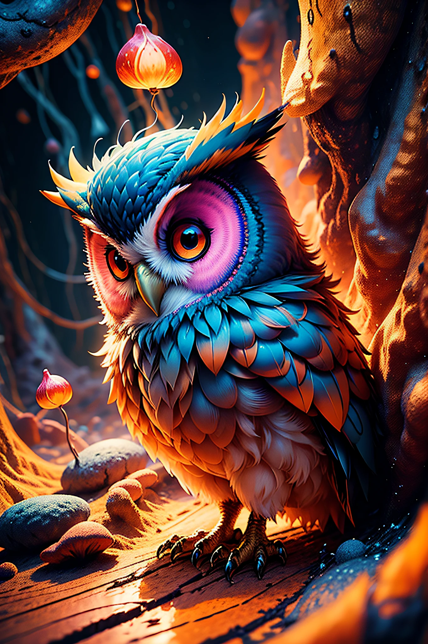 "3d Owl, art, Chibi, beautiful, colorful, Works, Superior Quality, best quality, Official Art, Beautiful and Aesthetic, (16k ultrarealistic)" splash,
