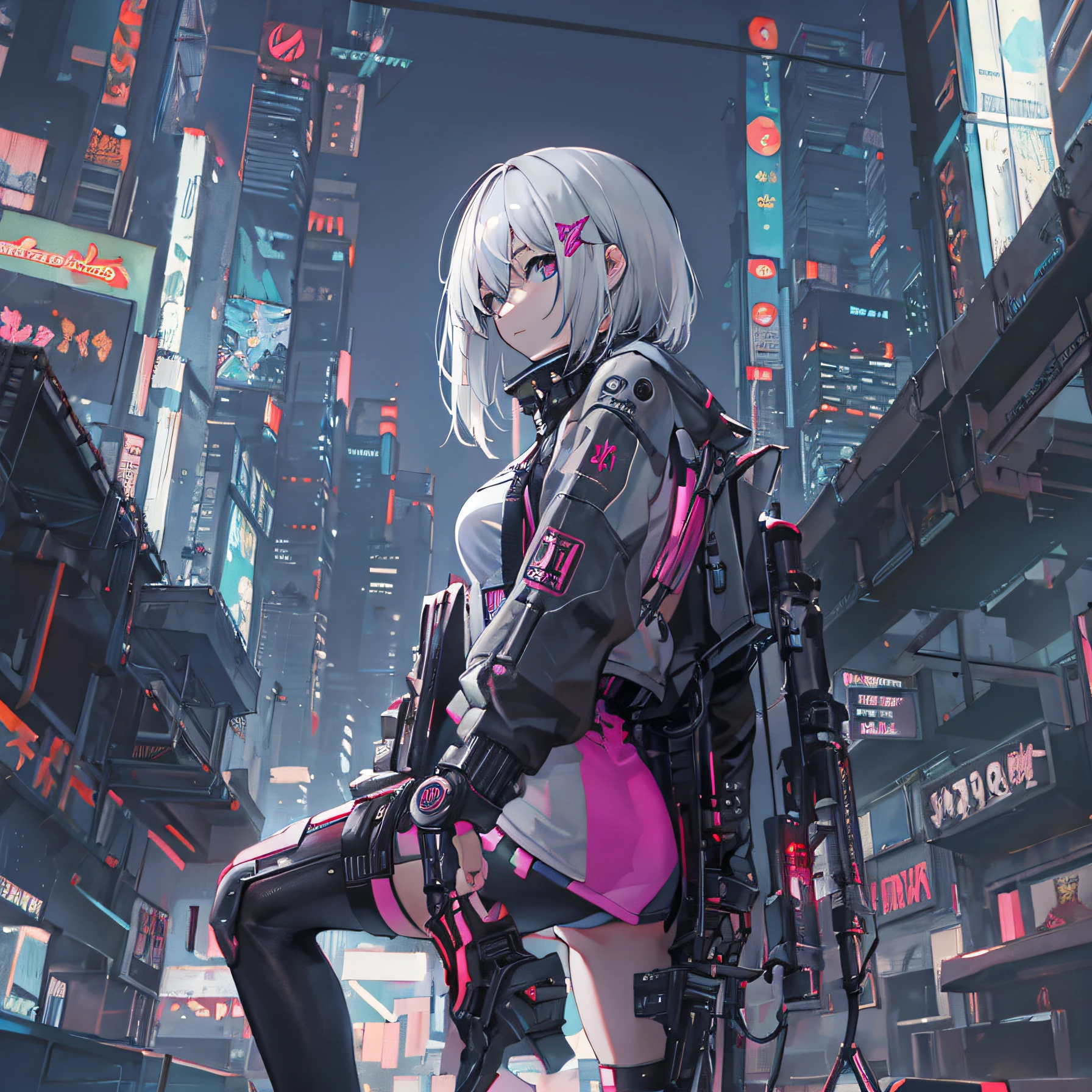 (top-quality), (masterpiece), (hight resolution), (tmasterpiece)、 cinematric light, Cinema Shadow, Sharp Image, Extremely detailed, Volumetric, (Pink Neon City)、(cyberpunkcity), particles effect, beautiful effects, Vivid colors, neons, Neon light, colorful water splash, clear and beautiful, Mysterious, Beautifully painted,(Cockpit of a sci-fi fighter)、Tiere、(Cute cat made in cyberpunk style)、1womanl,(very long hair of white color,,,,,30-years old,Large breasts, Huge breasts, huge-breasted, large full breasts, long drooping milk、I'm smiling、military weaponry)、(Button Up Military Uniform:1.3)、(Turbulent colorful light) 、(Full body photo)、(Angle from below)