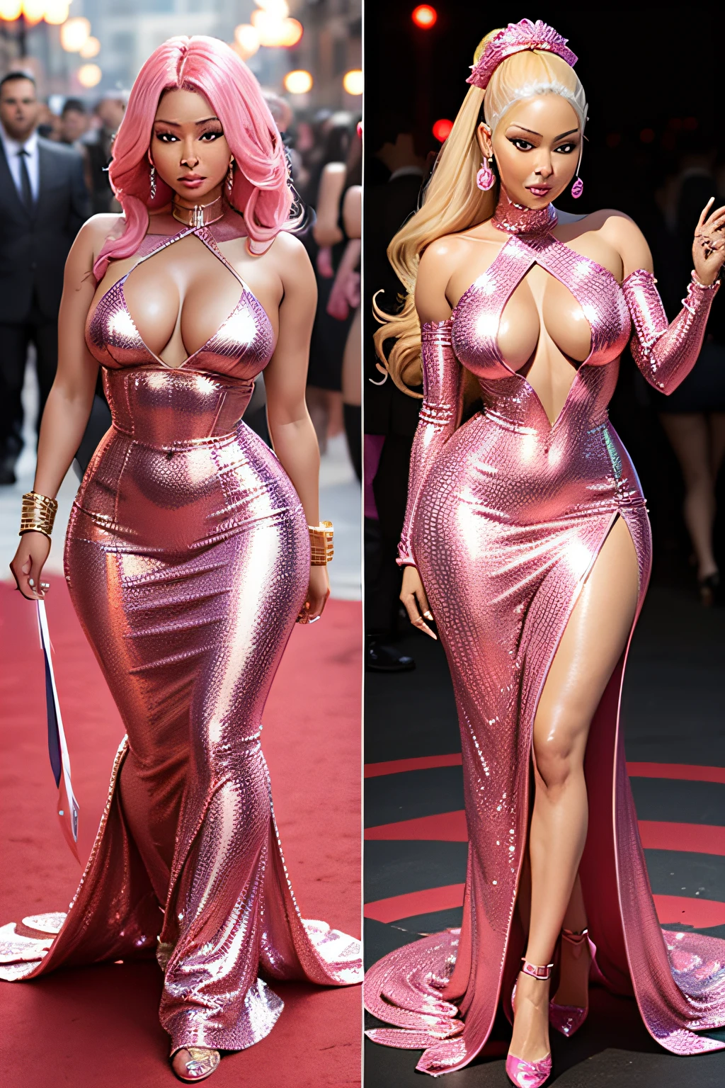 nicki minaj con vestido rosado brillante y capa dorada