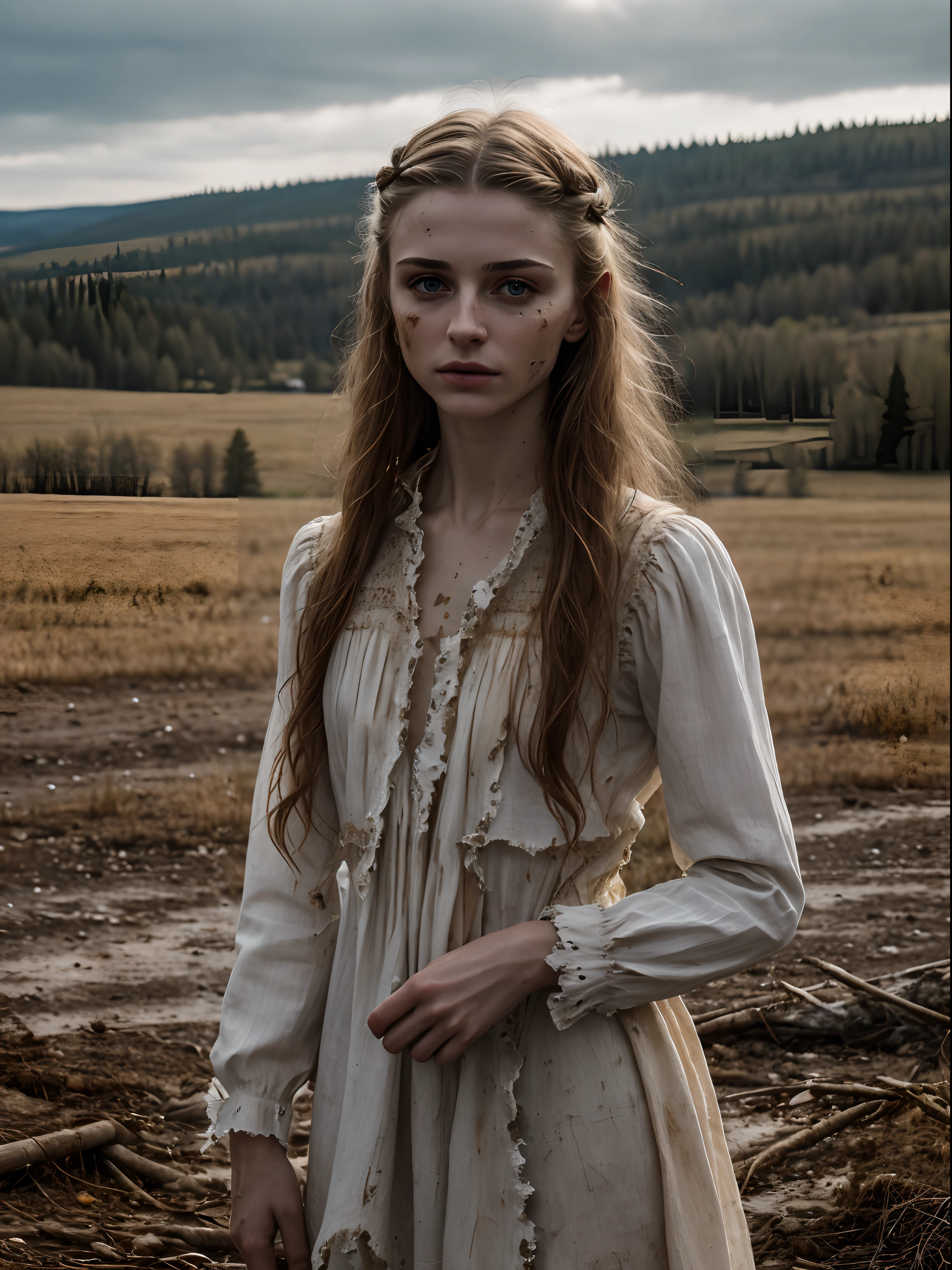 ​masterpiece, ultra detailed, 8K, Raw photo, Realistic light, Cinematic composition, Realistic face, Realistic skin, (woman from Ukraine), (torn and dirty traditional ukrainian clothes), cute sexy, pleasure, perfect anatomy, war, cinematic, ruined village, nightfall