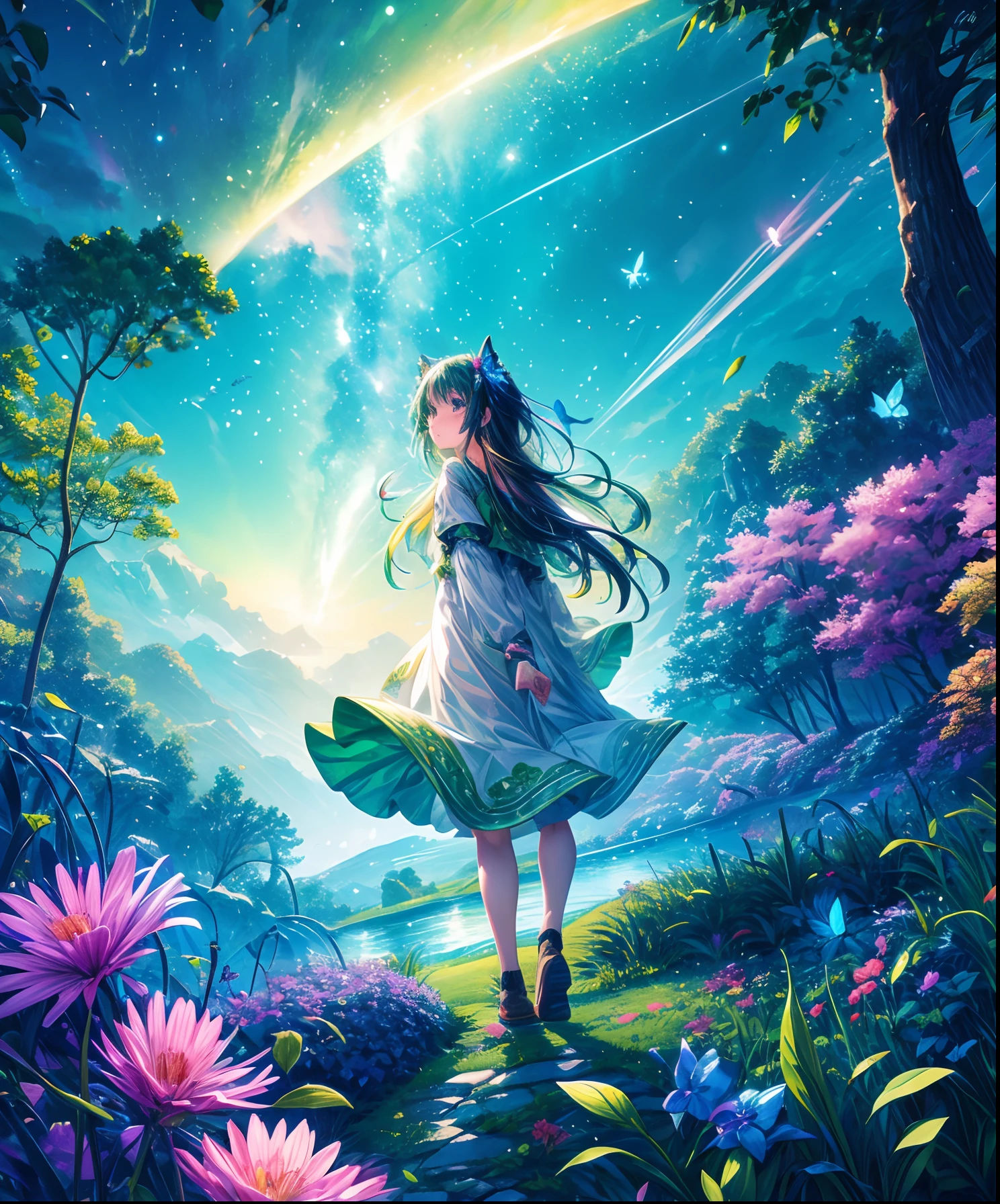 Cute girl characters、green grass々Depicts a butterfly flying over the water, Looking up at the starry sky. Surround her with colorful nebulae and colorful forests.
