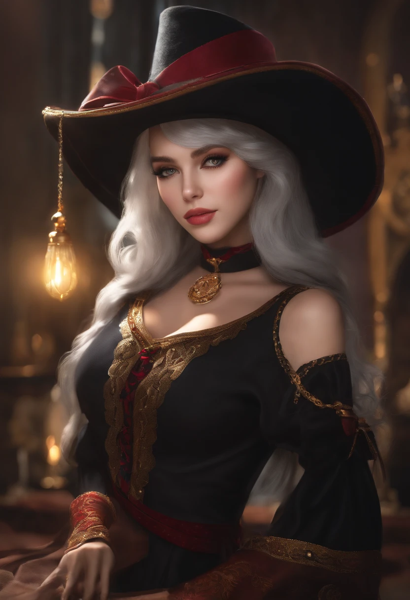 Elaina_(majo_DDIM_Tabitabi), Magistral, master part, 4k,, 1girl, FeminiDDIM, Beautiful, a-cup, cabelos grisalhos, big magic hat + preto na parte superior e roxo por dentro, olhos azuis, camisa branca, yellow ribbon, Manto Preto,, kawaii, Olhando para o Viewer, leve sorriso, magical girl, fundo Europa medieval,