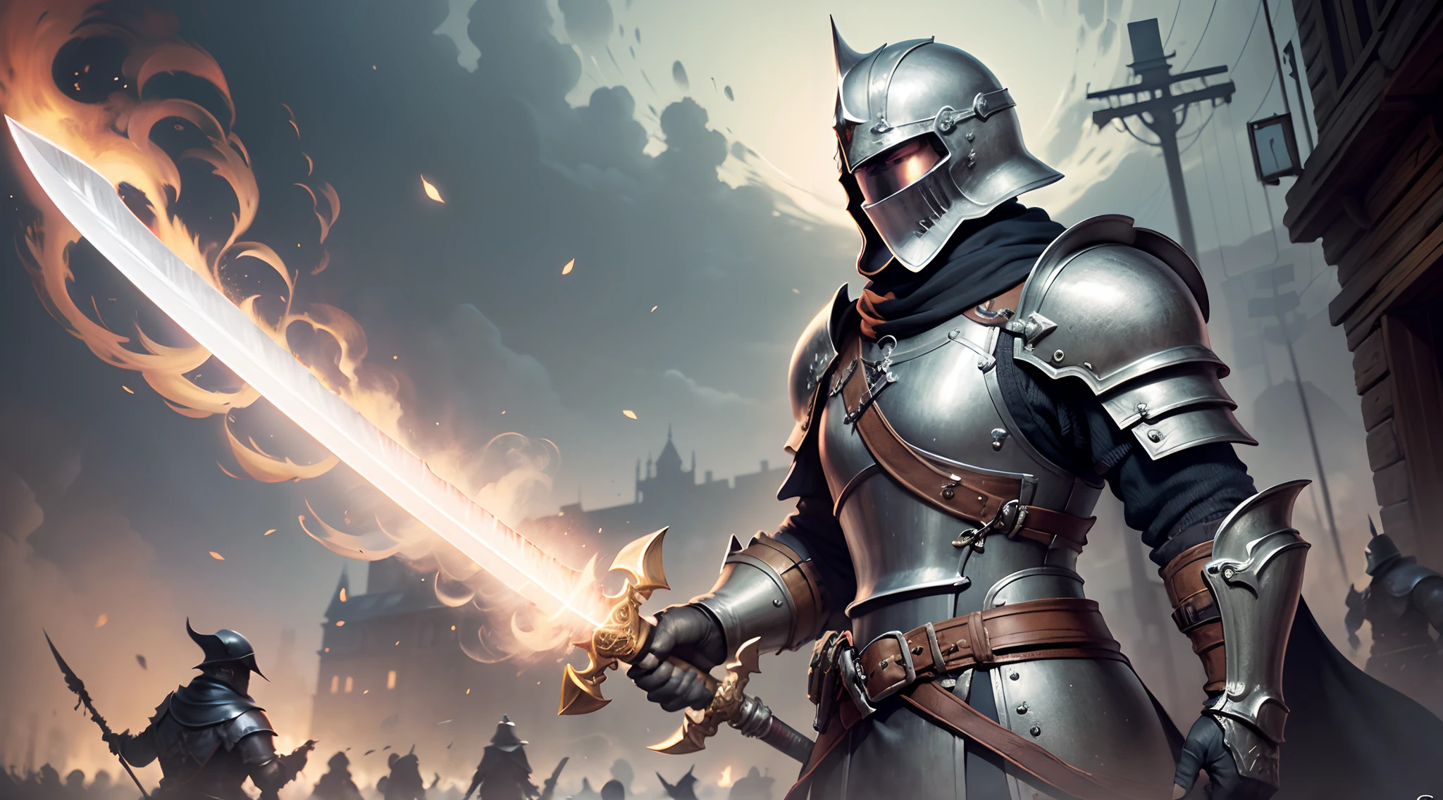 (8k unit wallpaper CG extrem detailliert, Meisterwerk, best quality, Ultra-detailliert), (((nur))), ((Weitwinkel-Schuss:1.5)), (A paladin with a legendary sword), (Thematischer Hintergrund), mittelalterlich, Magnificent scene, Dunkle, unheimliche Umgebung, (dark Souls 3, Illustrator, (Beste Illustration) --auto --s2