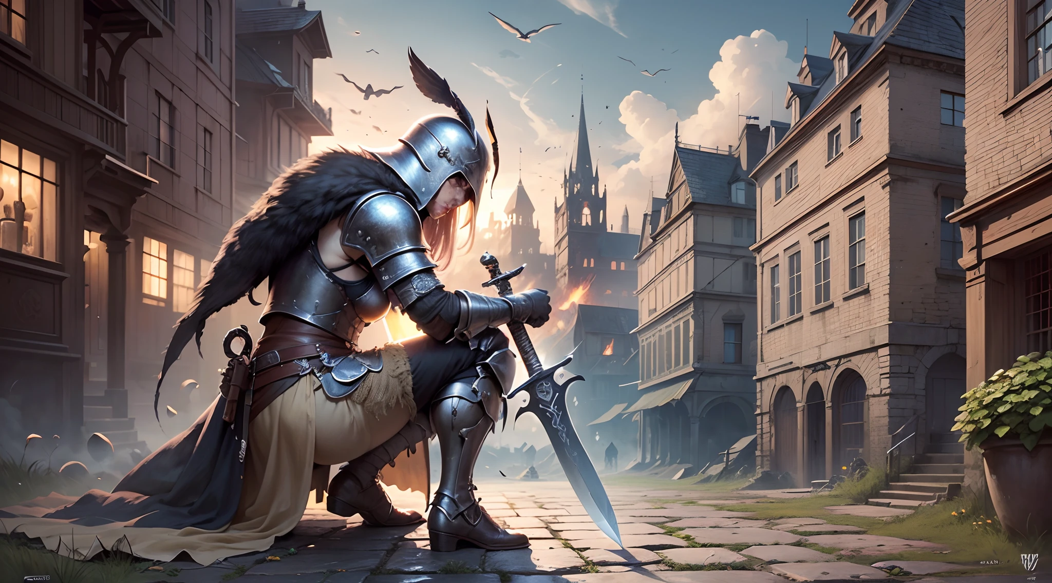 (8k unit wallpaper CG extrem detailliert, Meisterwerk, best quality, Ultra-detailliert), (((nur))), ((Weitwinkel-Schuss:1.5)), (A paladin with a legendary sword), (Thematischer Hintergrund), mittelalterlich, Magnificent scene, Dunkle, unheimliche Umgebung, (dark Souls 3, Illustrator, (Beste Illustration) --auto --s2