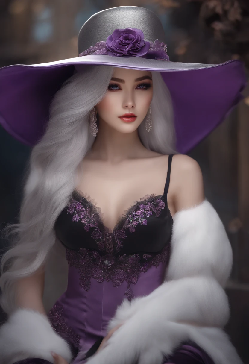 Masterpiece, Best quality, 1girll, ph elaina_(baik_Bigchest_tabitabi), Silver hair, Purple eyes, Long hair, Hat