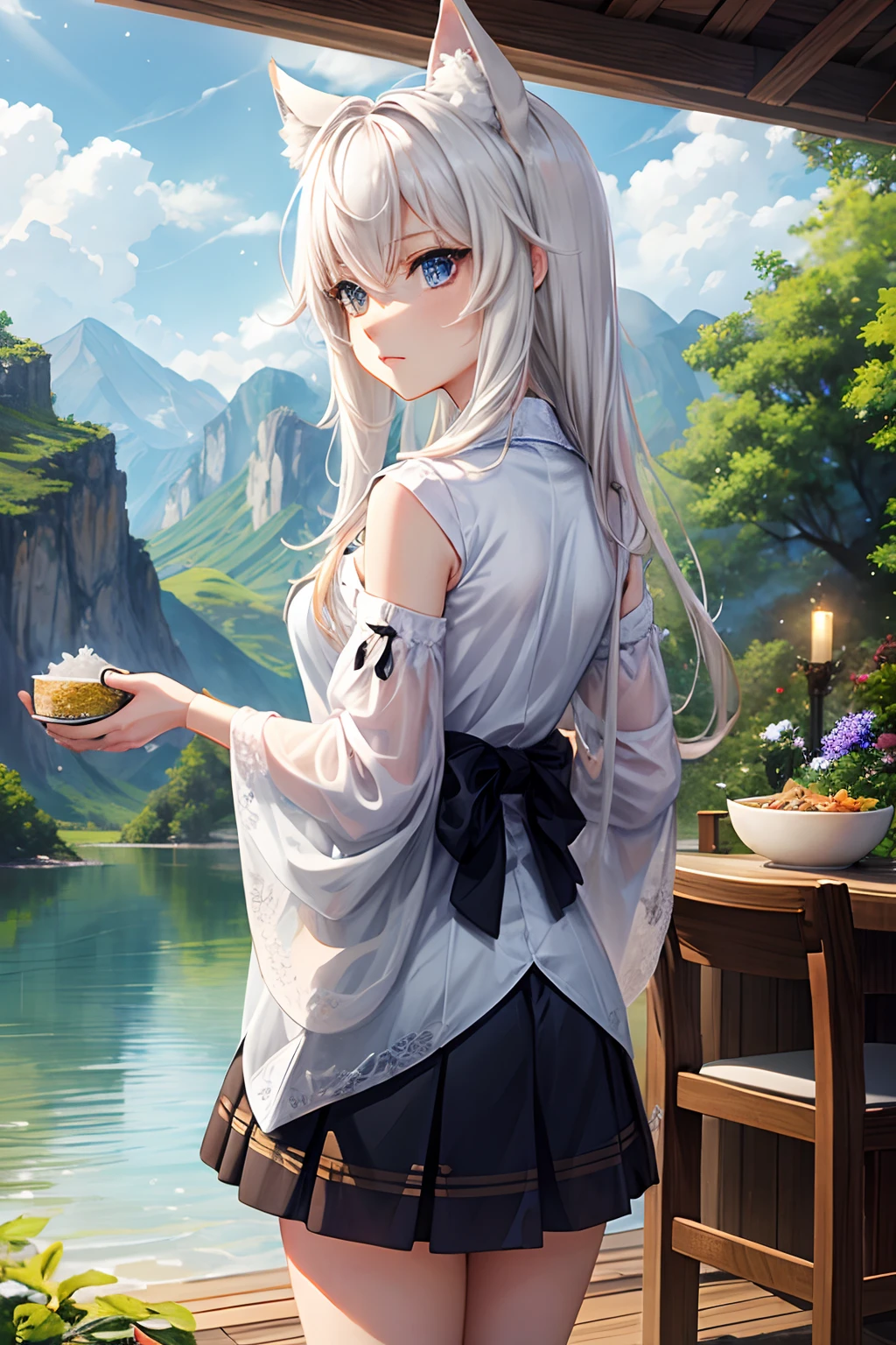 female, neko, bowl of rice in hand, （（tmasterpiece）），（（best qualtiy）），（（high detal）），（（Realistis，））（（ultra - detailed ),   lake, detailed background, clouds rain,