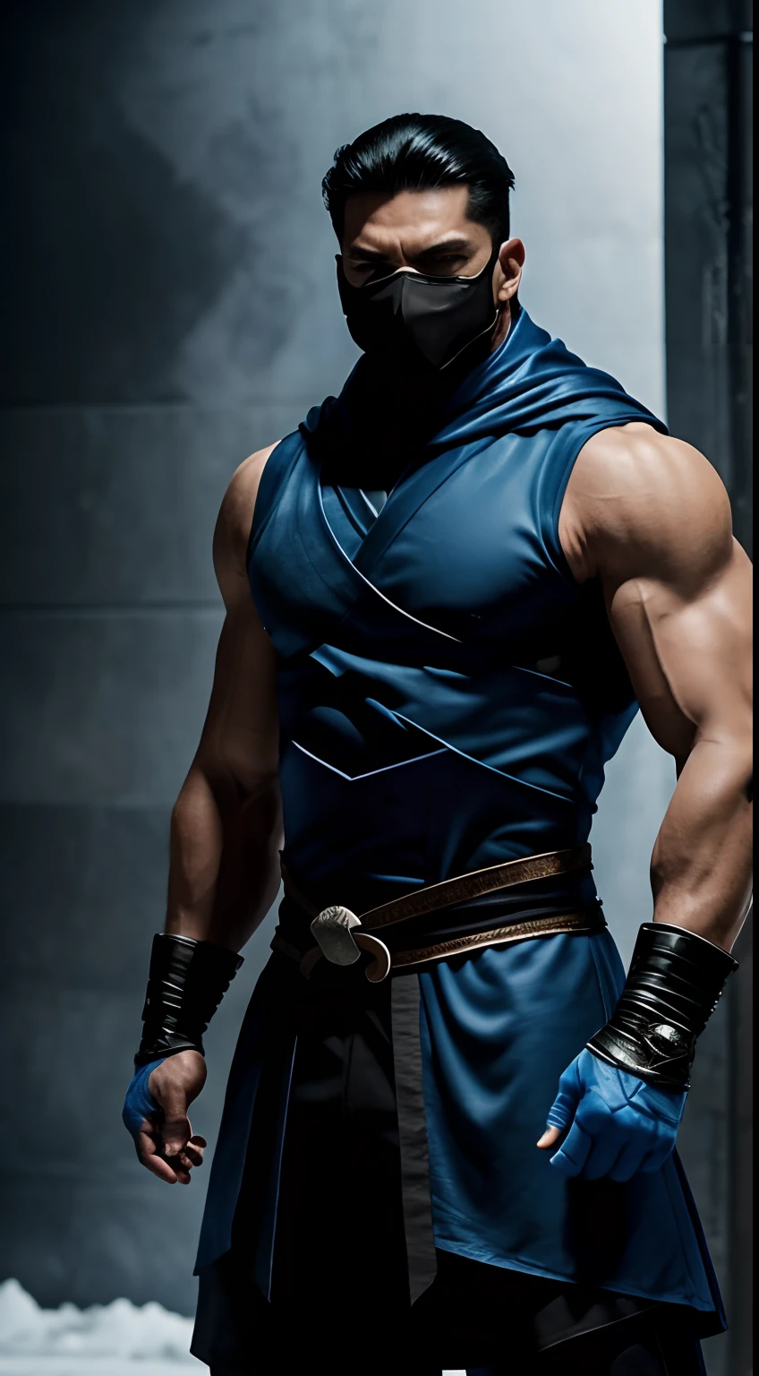 Sub-Zero, o mestre do gelo em Mortal Kombat, displays a cold and formidable presence. Seu traje, in shades of icy blue and black, wraps around your athletic body to perfection, highlighting your strength and agility. The muscular pectoral and defined arms, visible through his tight attire, reveal the physical prowess that makes him a fearsome fighter.His face is partially hidden by a ninja mask, leaving only piercing blue eyes on display, creating an enigmatic air. Night-black hair subtly escapes beneath his mask, giving a mysterious touch to its appearance. A aura congelante que o rodeia adiciona um elemento de perigo, emphasizing his unique ability to manipulate ice.Sub-Zero personifies the combination of physical strength and elemental powers, tornando-o uma figura dominante e intimidadora no mundo de Mortal Kombat.