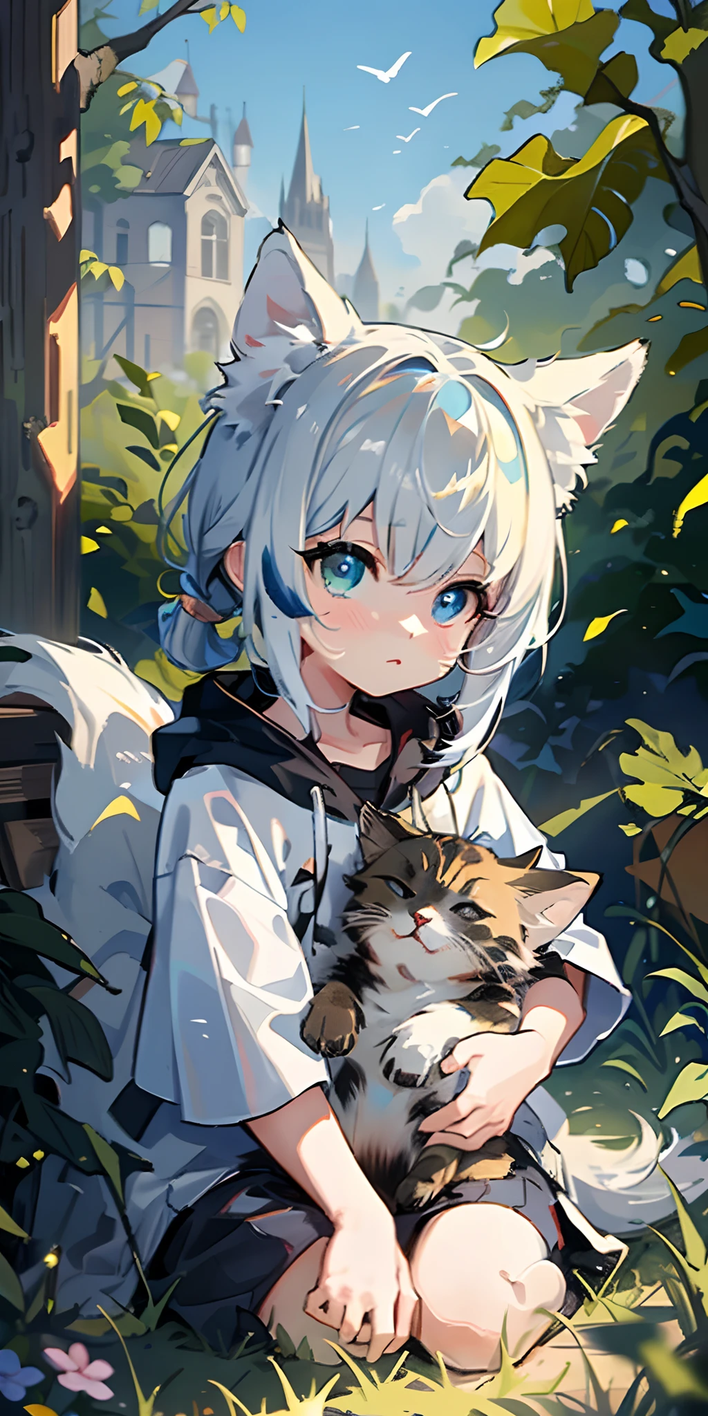 loli，cute，white hair，Green eyes，short hair，Cat-eared lady