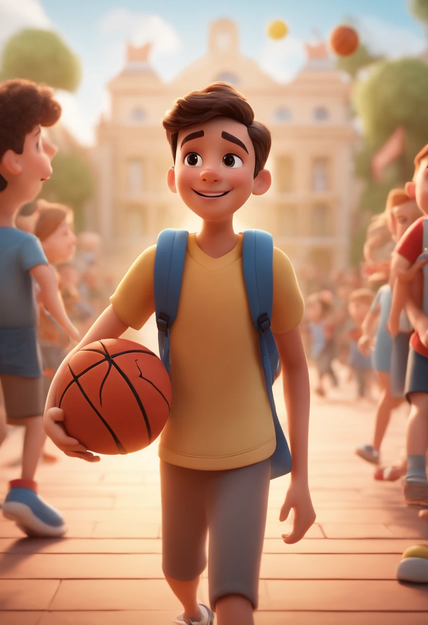Cartoon boy with backpack and basketball in front of a crowd, 3d animation film, animation film, Pixar 3D Animation Style, pixar renderman rendering, maya 8 mil, animated film, Disney Pixar 3D Style, playing with a smile on his face and running on a court, in another photo the same boy hugs a teacher