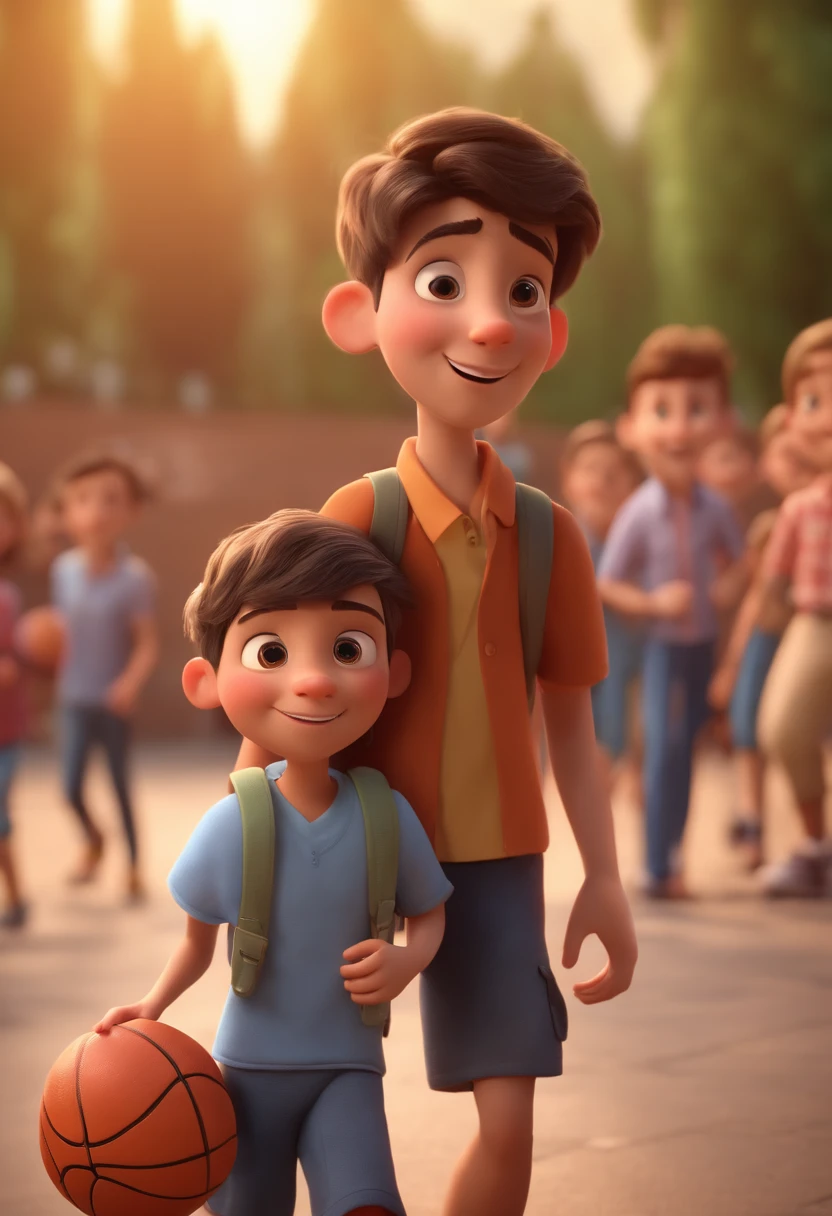 Cartoon boy with backpack and basketball in front of a crowd, 3d animation film, animation film, Pixar 3D Animation Style, pixar renderman rendering, maya 8 mil, animated film, Disney Pixar 3D Style, playing with a smile on his face and running on a court, in another photo the same boy hugs a teacher