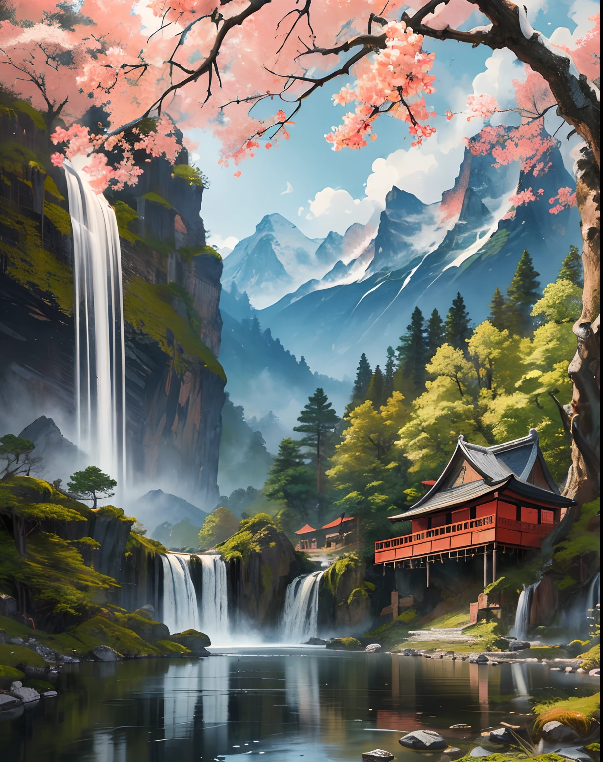 (best quality:1.2),(HDR:1.0),(ultra-detailed),(Chinese ink painting),(colorful ink painting:1.1),(mountain),(waterfall),(lake),(tree)