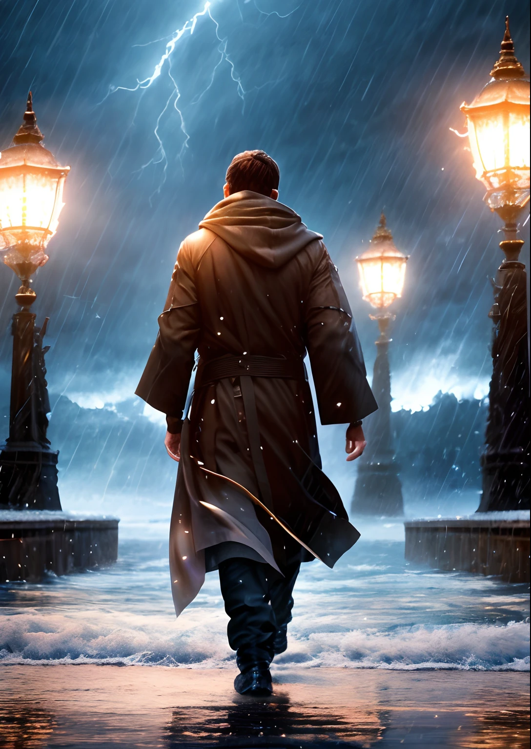 Prophet walking on water in a storm, gentle expression, streaks of light coming down from the sky, masterpiece, highest quality, high quality, highly detailed CG unit 8k wallpaper, award-winning photos, bokeh, depth of field, HDR, bloom, chromatic aberration, realistic, very detailed, trending at artstation, trending at CGsociety, complex, high detail, dramatic, mid-journey art, volumetric lighting