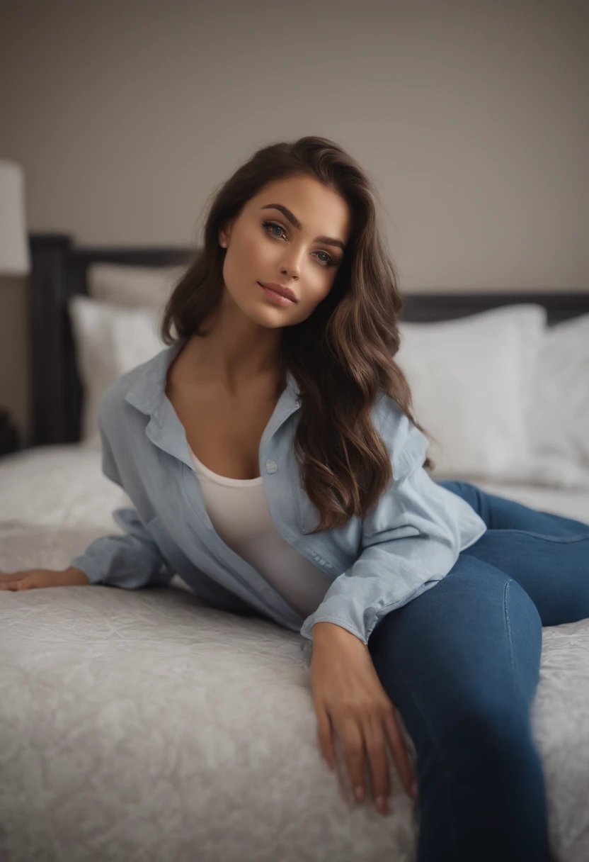 arafed woman with matching tank top and panties, sexy girl with brown eyes, portrait sophie mudd, brown hair and large eyes, selfie of a young woman, bedroom eyes, violet myers, without makeup, natural makeup, looking directly at the camera, face with artgram, subtle makeup, stunning full body shot, in bedroom, cleavage naked legs open