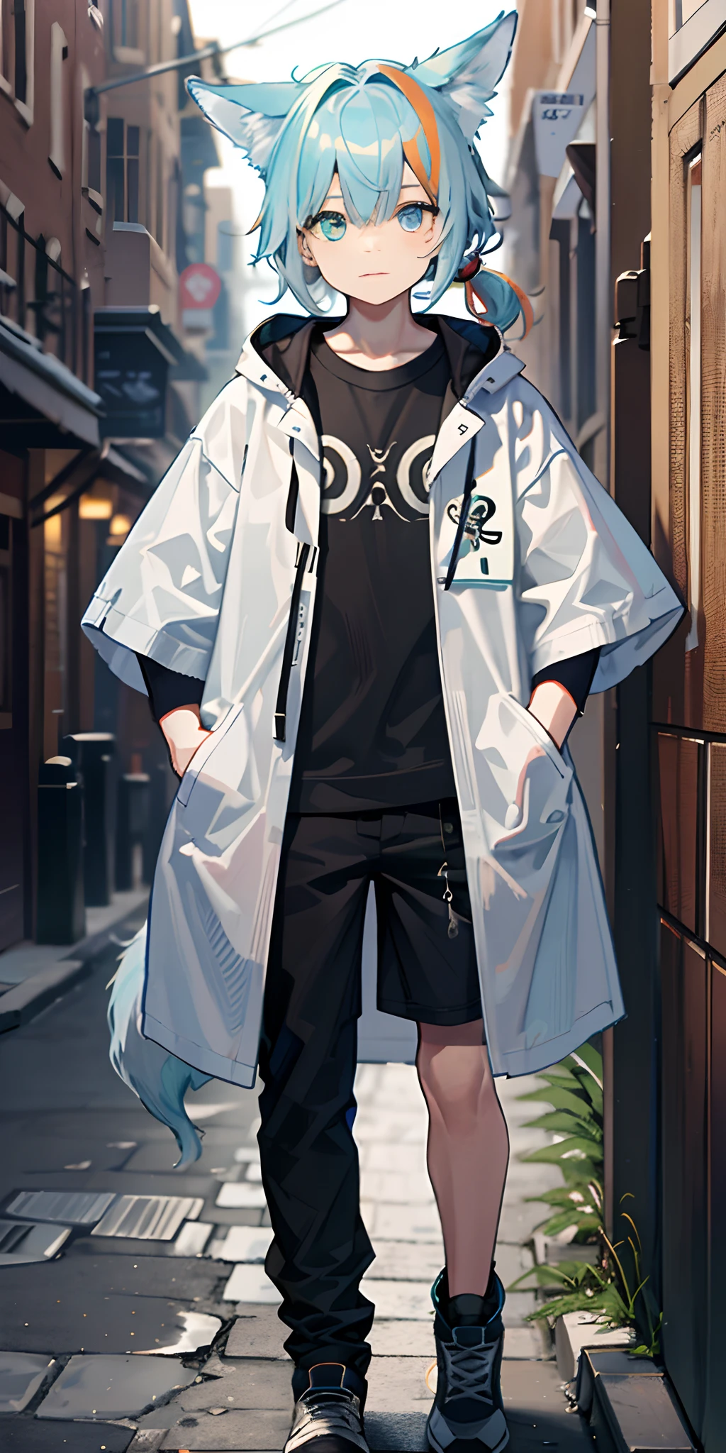 1boy,Shota,(high-definition quality,Masterpiece level),(Heterochromatic eyes and the color of light blue hair echo each other),with clean lines,tmasterpiece, (lightblue hair), Heterochromic eyes,(Wolf ears),(Wolf tail),((One tail)),A young boy with,Lean body type,Dull hair,Brown pick dye,with fair skin,Low ponytail,sporty attire,Trench coat,short- sleeved,Short-sleeved sweatshirt,