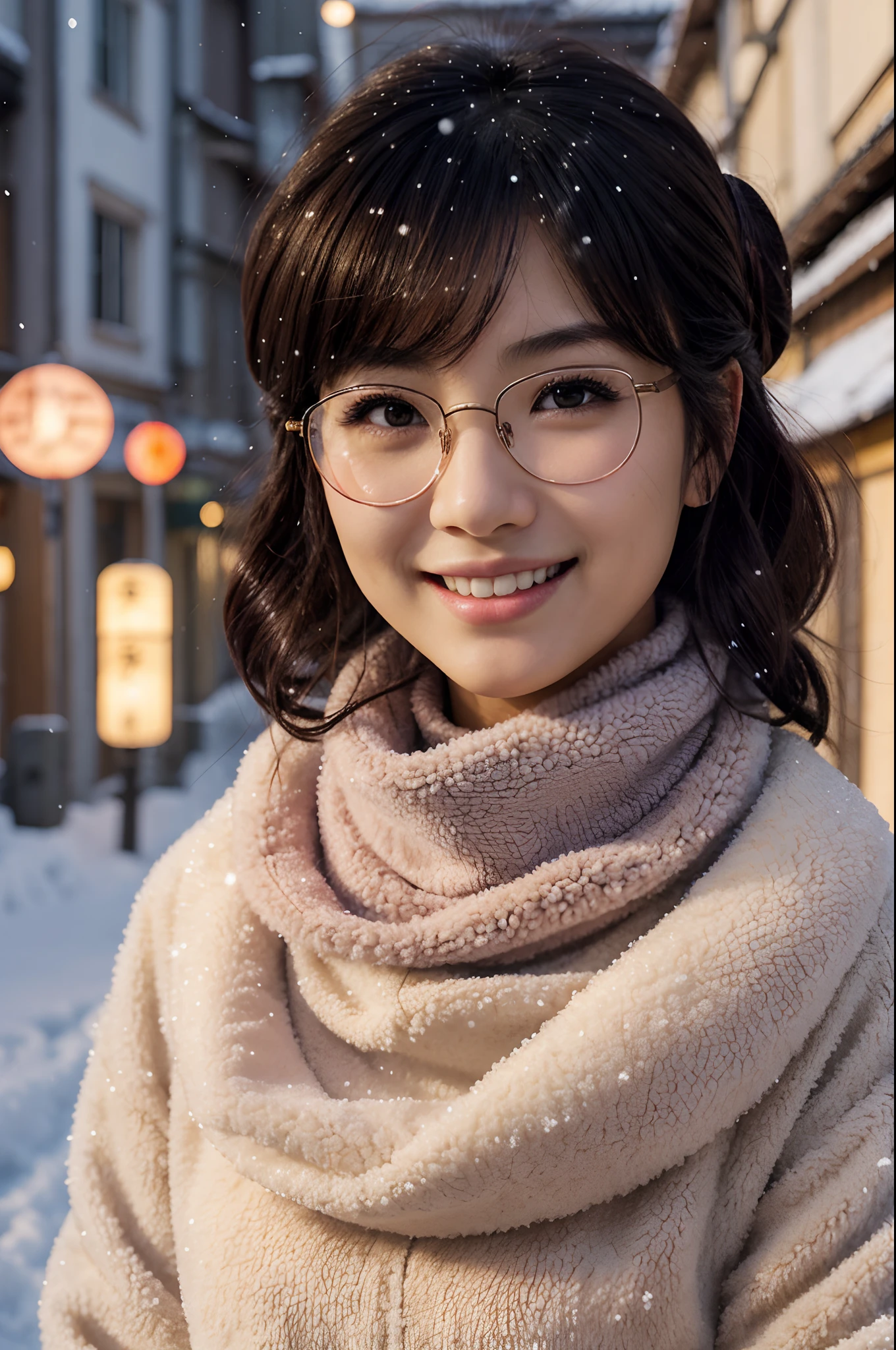 ((solo)), masterpiece, 1girl, japanese woman, blush, perfect illumination, wavy short black hair, brown eyes, sidelighting, extremely detailed face, bangs, bright light skin, big smile, fluffy turtleneck jacket, close-up portrait, traditional japanese street, flower on hair, rimless glasses, fluffy scarf, winter, snow, beret, colorful