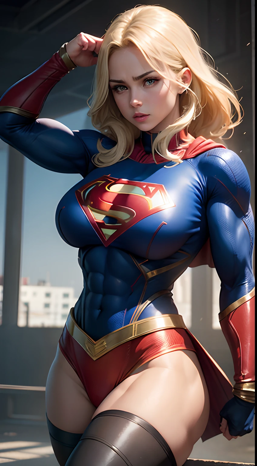 supergirl, strong abs and biceps, hyper muscular, huge tits, indestructible