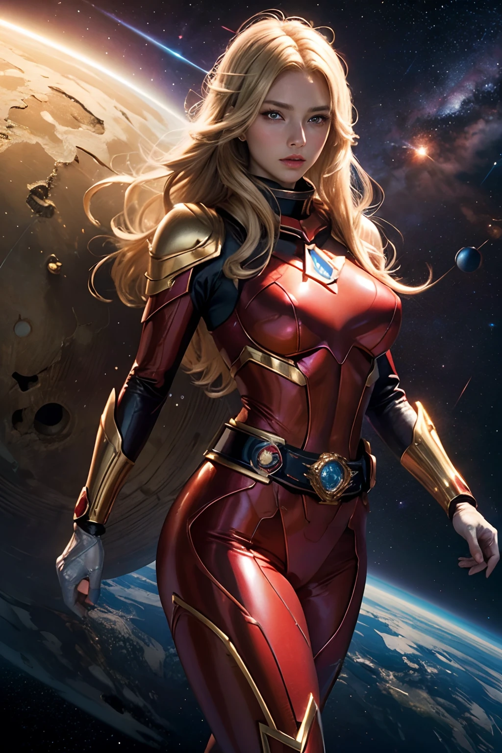 Beautiful woman with blonde blue eyes。Details of face。Beautiful double。Passed nasal muscle。plump lips。She fits snugly and is dressed in a metallic scarlet suit.。He has a transformation belt around his waist like a Kamen Rider.。Giant space battleship advancing in outer space on female background。８K image quality。Masterpiece