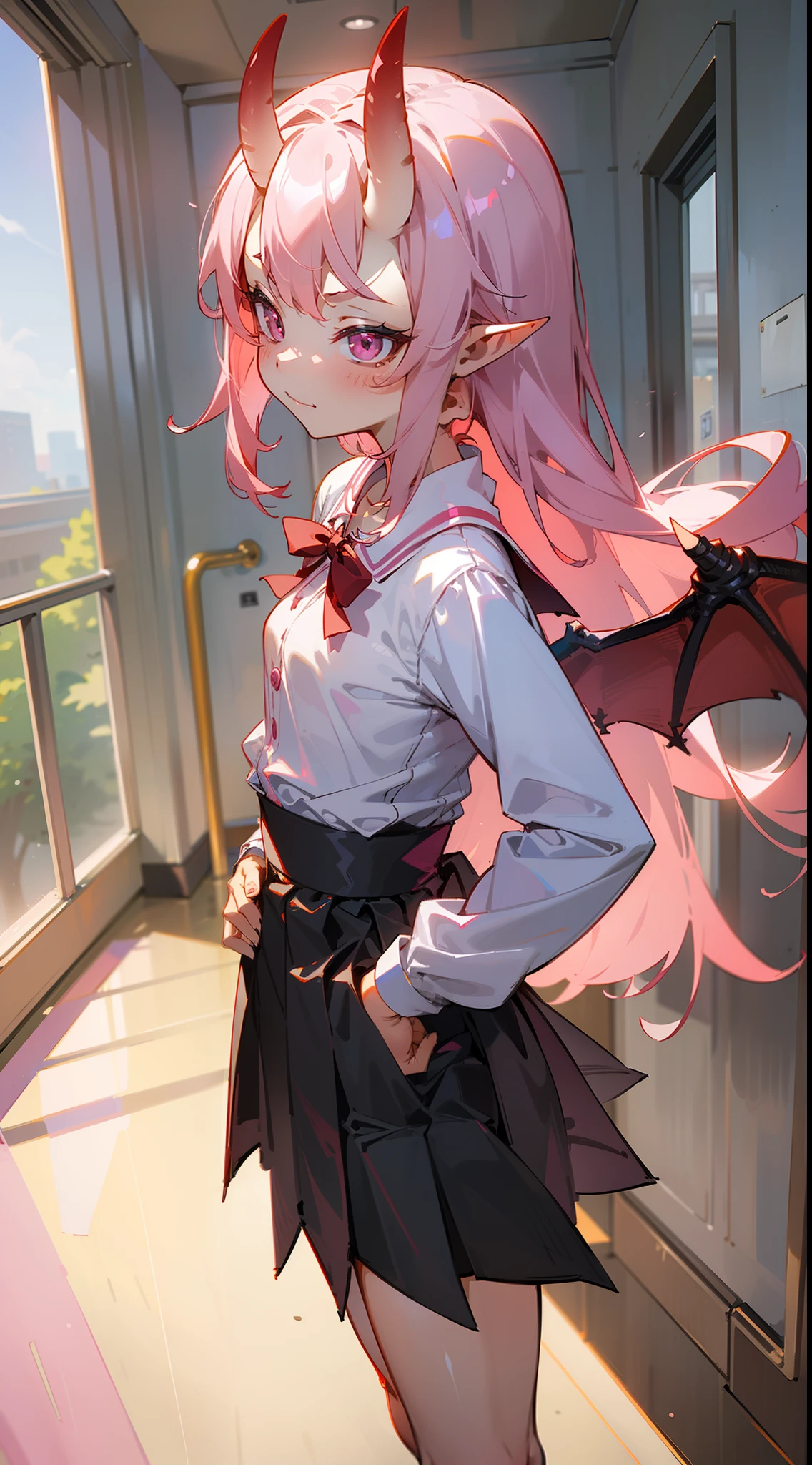masterpiece, best quality,1girl,((small body,8years,li)),solo, cute face, pink eyes, small breast,red oni horns, white shirt,black skirt,long hair, pink hair, pointy ears,dragon wings,happy,sexy,sensual,(standing in a school hallway,sunlight),hands on waist,cowboy shot