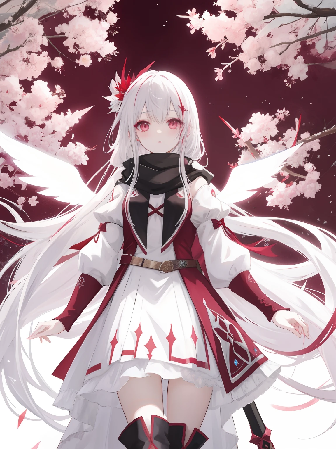 Anime game Arcane Garden's of the Great White Empire - Crazy fairy, snow white skin, long hair with straight locks, ash hair, pink empty eyes, white feather wings folded down, long white and ash scarf, white and ash dress with a short skirt, scarlet patterns of tree branches from the Ash Garden in the background, dark scarlet patterns of snowflakes on the dress, long burgundy socks, dark scarlet boots
