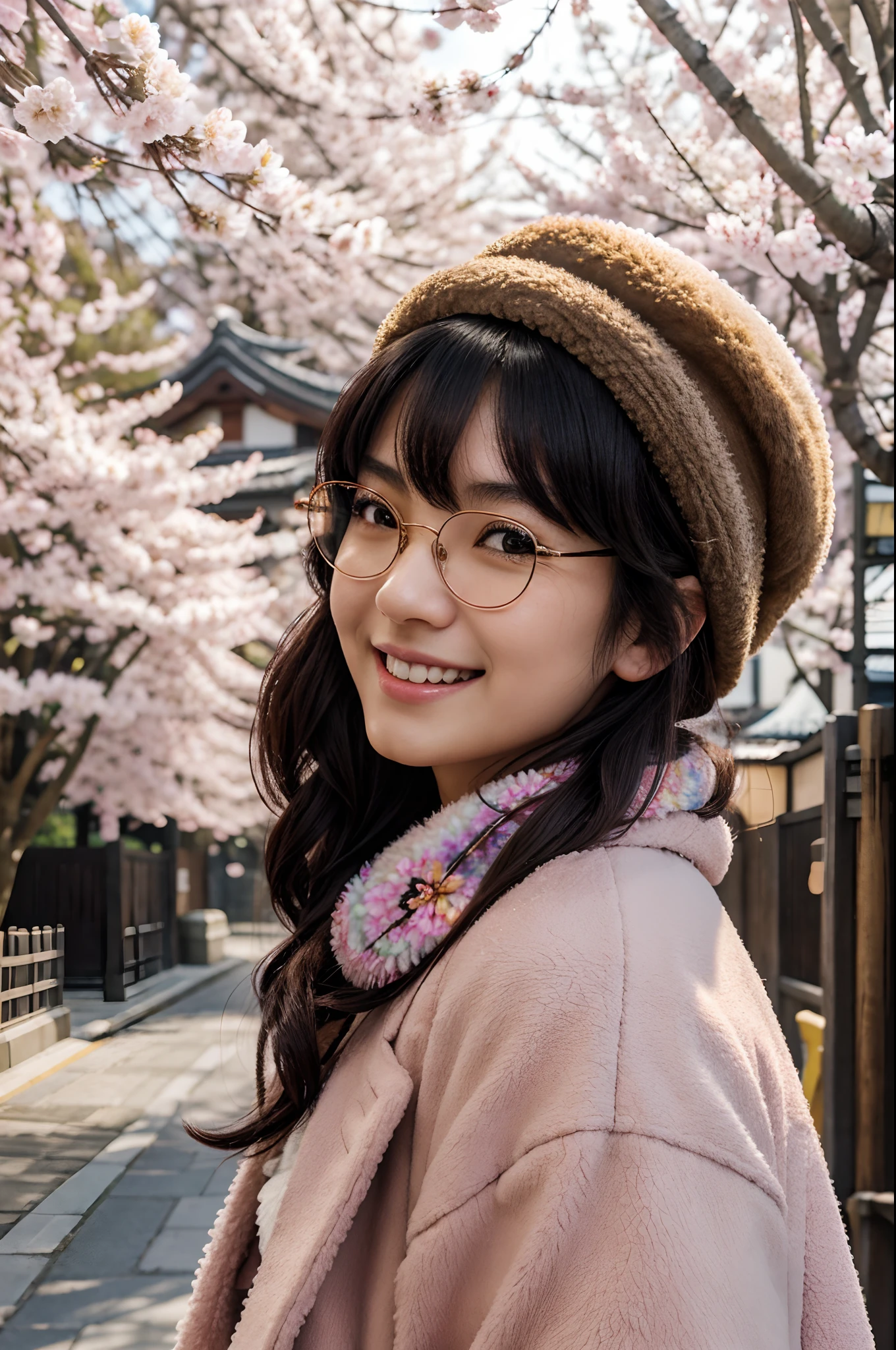 ((solo)), masterpiece, 1girl, japanese woman, blush, perfect illumination, wavy short black hair, brown eyes, sidelighting, extremely detailed face, bangs, bright light skin, big smile, fluffy jacket, close-up portrait, traditional japanese street, flower on hair, rimless glasses, furry scarf, beret, colorful, spring, sakura blossoms, trees