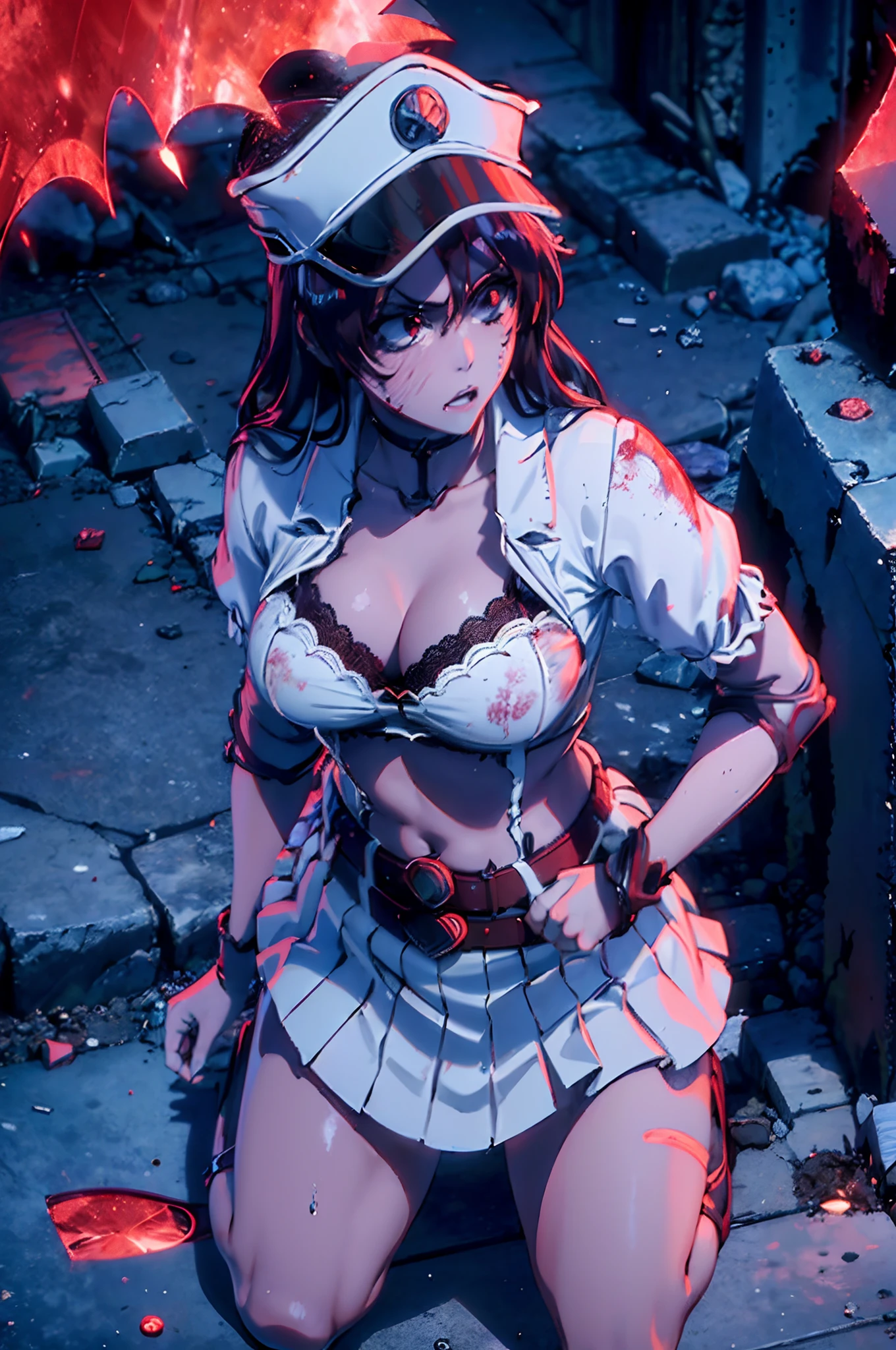 bambietta, (burned ruined city:1.2), (blush:1.2), parted lips, kneels on ground, raining, blood on breasts, red eyes, hat, white military form, short white pleated skirt, upskirt, black lace panties, medium breasts, masterpiece, detailed, intricate details, belt,(black lace bra:1.2), from above, red glowing wings,