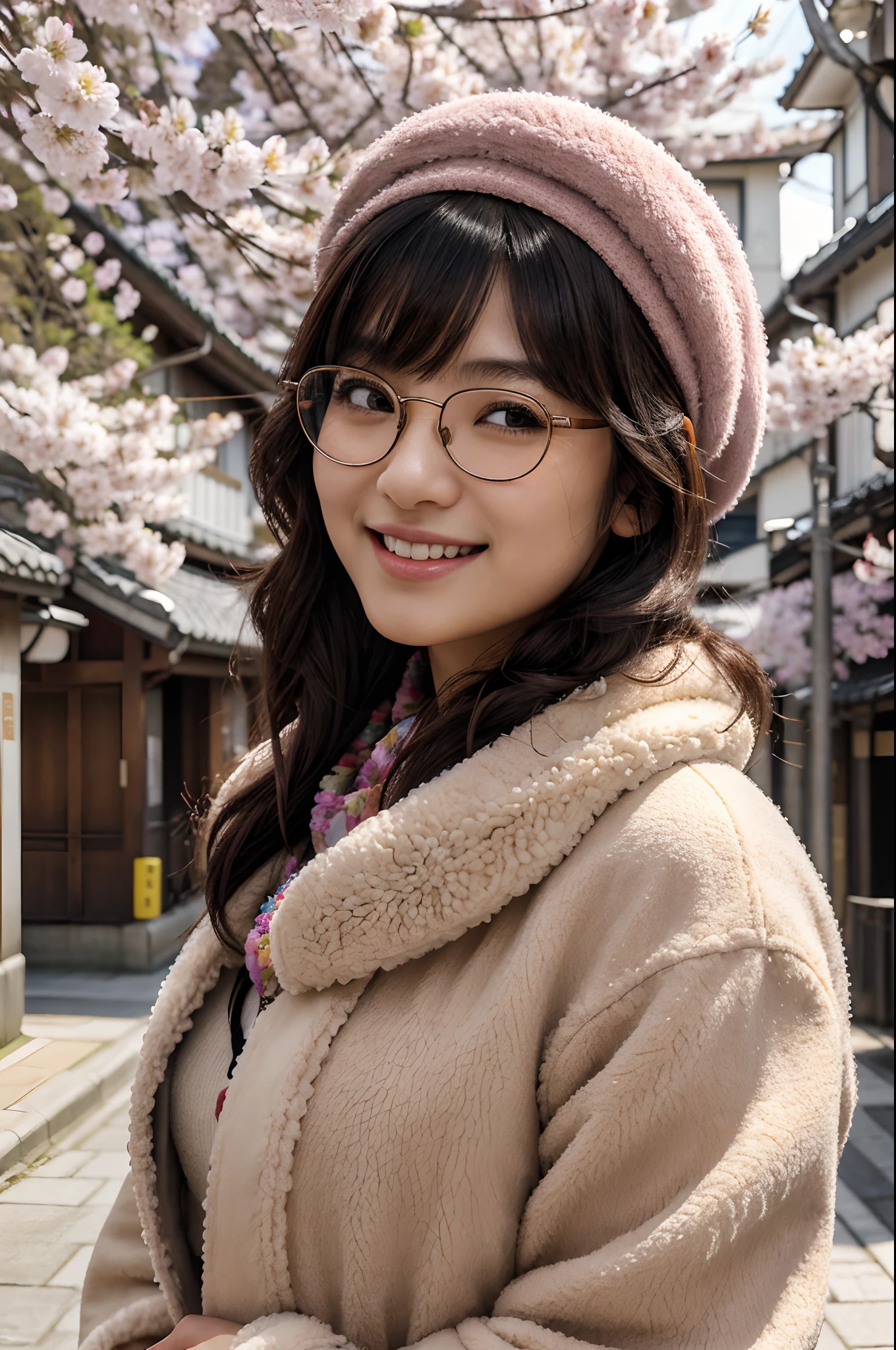 ((solo)), masterpiece, 1girl, japanese woman, blush, perfect illumination, wavy short black hair, brown eyes, sidelighting, extremely detailed face, bangs, bright light skin, big smile, fluffy jacket, close-up portrait, traditional japanese street, flower on hair, rimless glasses, furry scarf, beret, colorful, spring, sakura blossoms, trees