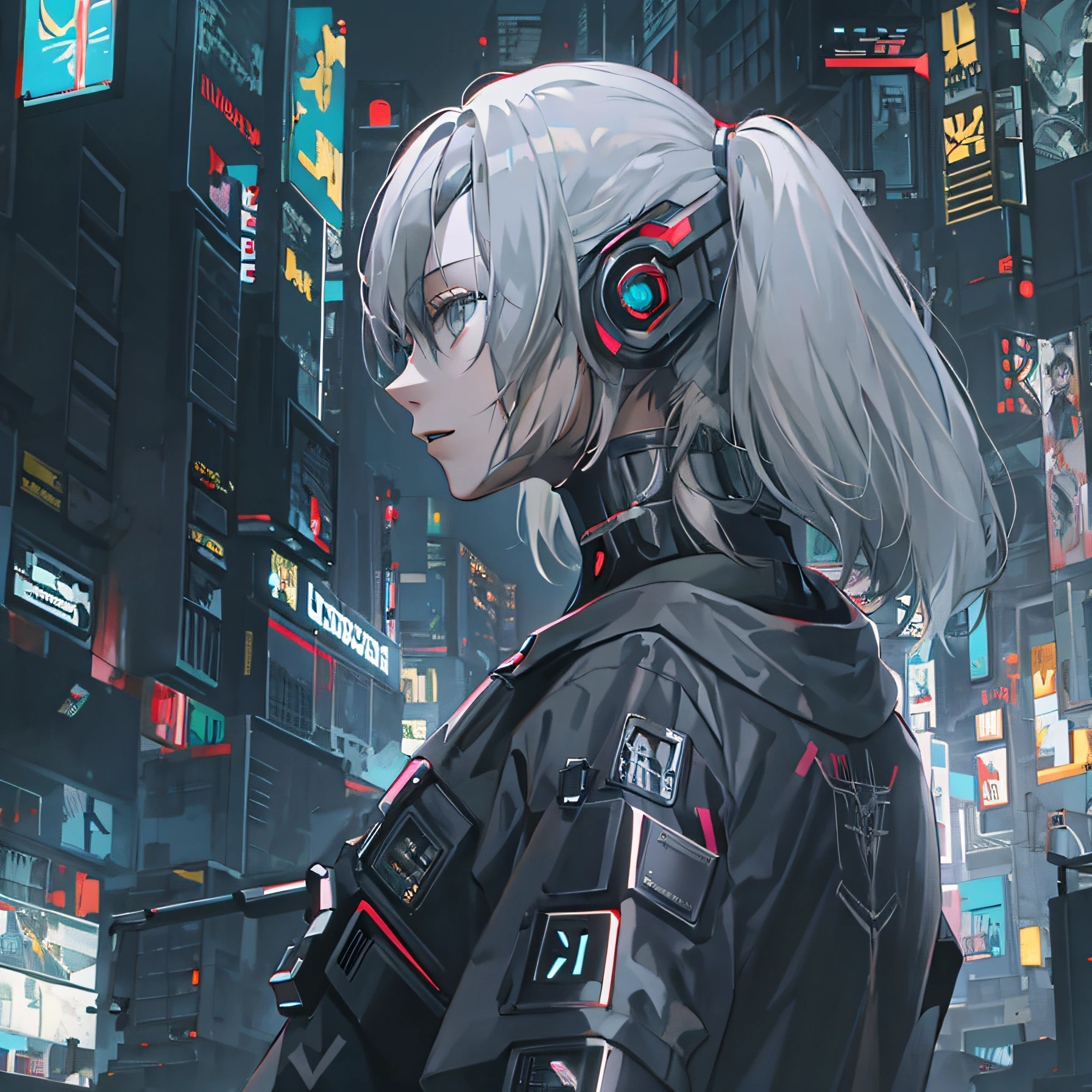 hight resolution、(​masterpiece:1.4)、ultra-detailliert、Cyberpunk Girls、cyber punk Girl、a short bob、white  hair、Long gray hair、Cyberpunk、Cyber City、nightcity、Raw feet、facing back