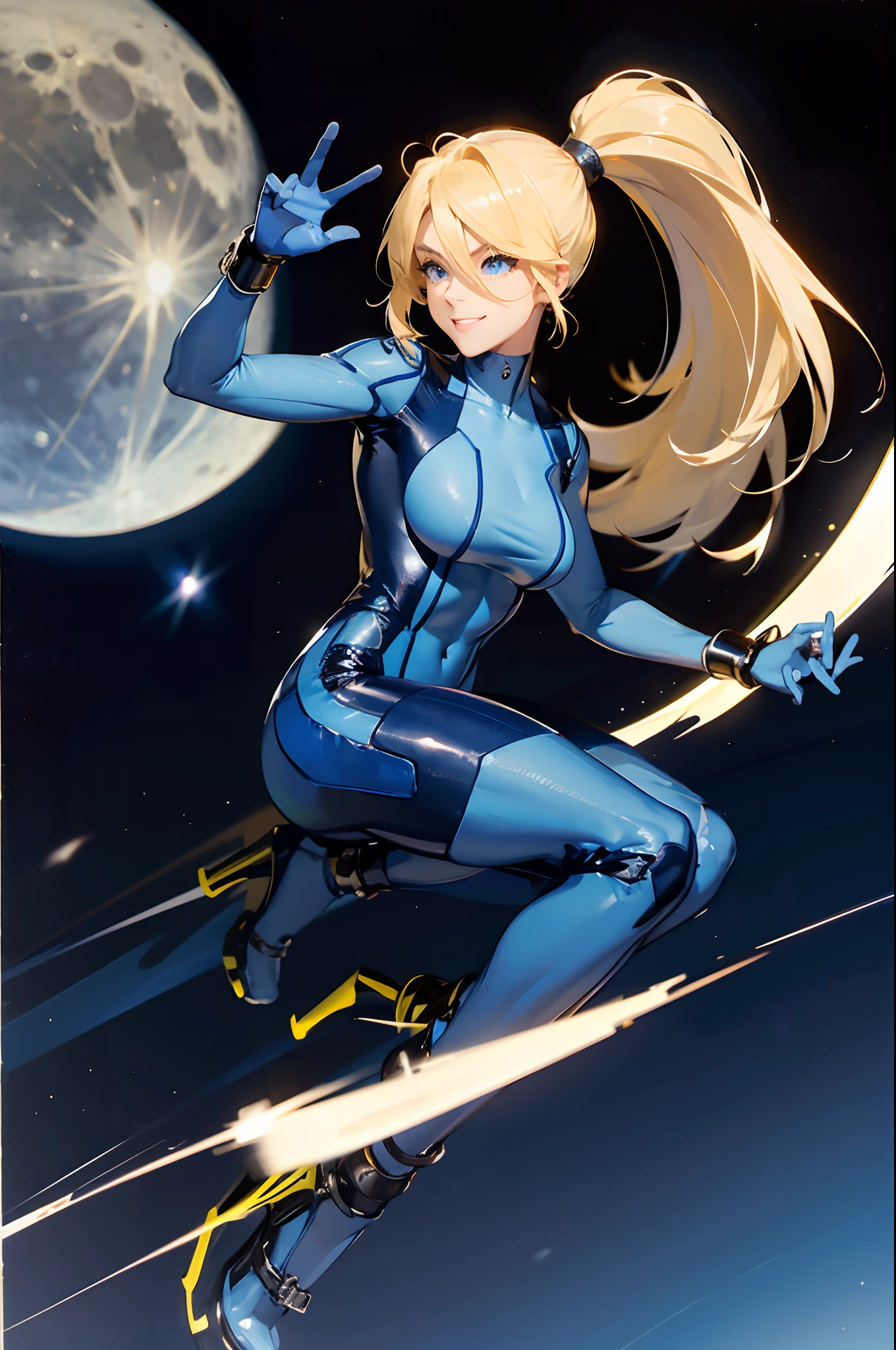 ponytail, hair tie, blue gloves, blue bodysuit, high heels,doing cool pose,moon in the background,huge smile,blond hair,waist focus