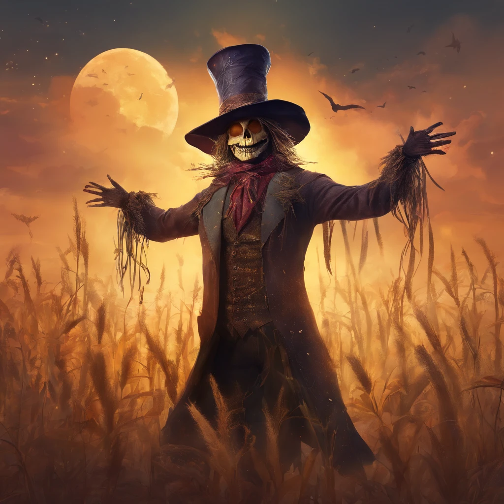 Spooky male scarecrow, made of straw, wearing an old spooky top hat. Arms raised.