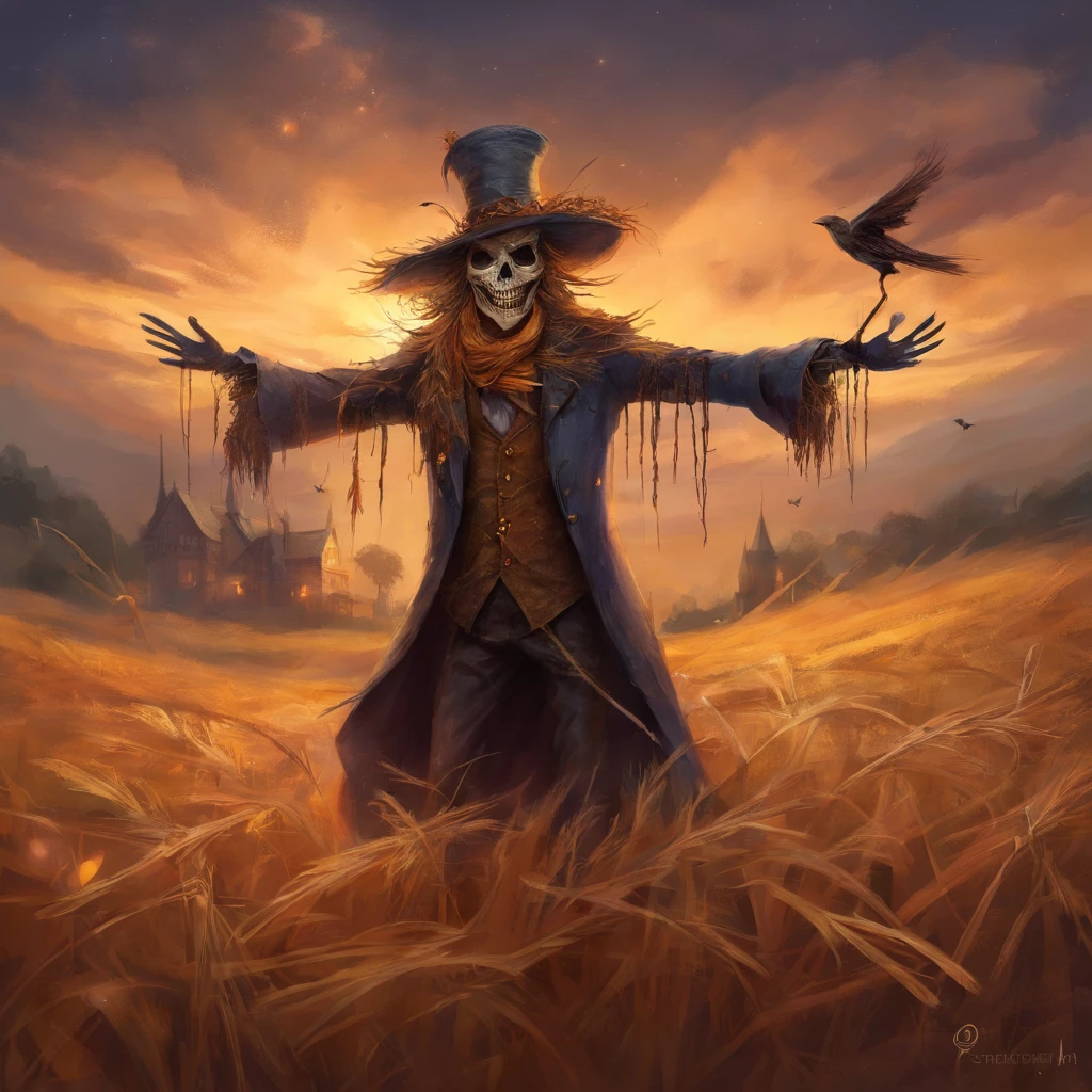 Spooky male scarecrow, made of straw, wearing an old spooky top hat. Arms raised.