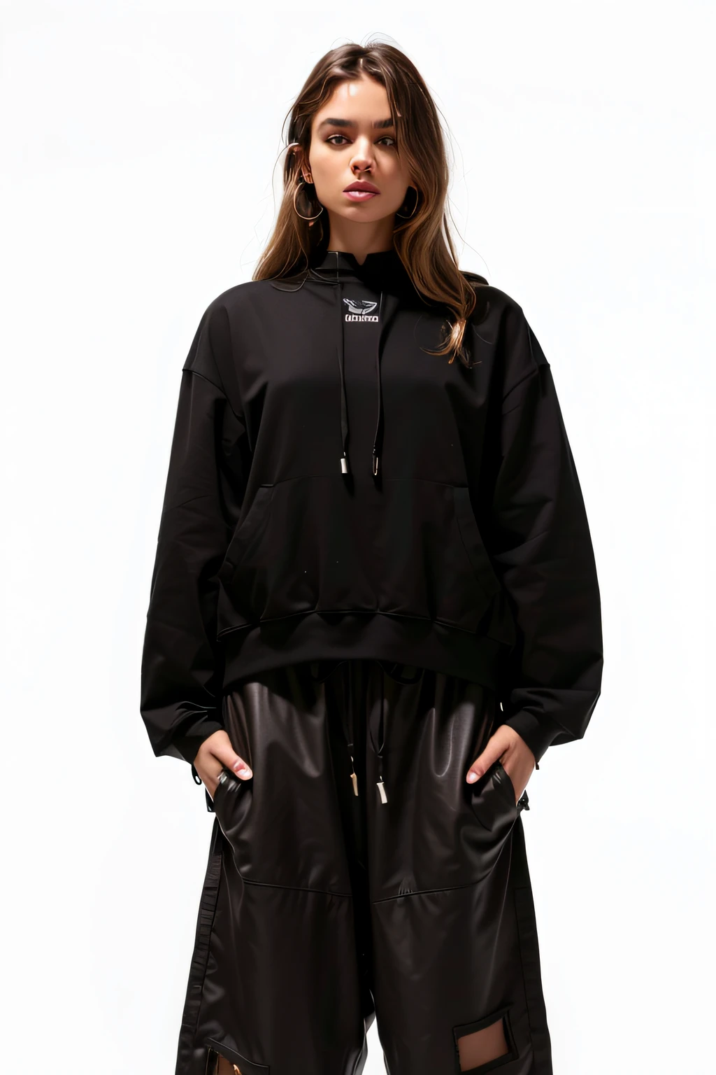 sommerray,woman, fashion photoshot studio ,oversized crop top, oversized sweatpants,(best quality,4k,8k,highres,masterpiece:1.2),ultra-detailed,(realistic,photorealistic,photo-realistic:1.37),vivid colors,studio lighting,portraits,light and shadow,dynamic pose,white background,confident expression,hairtail,unique fashion style,street style fashion,sportswear,intense atmosphere,sunset colors,texture and pattern,comfortable outfit,cool vibes,energetic posing,bold and eye-catching,texture of fabric,urban fashion,casual and trendy,modern art,attitude and confidence,striking visuals,strong visual impact,urban chic.