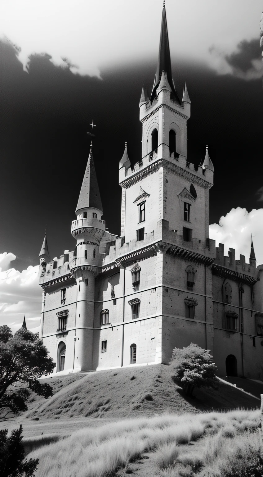 imagina castillos medievales, con bosque, con lineas suaves y detalladas, castillo tipo de conde dracula, todo a blanco y negro, para colorear.