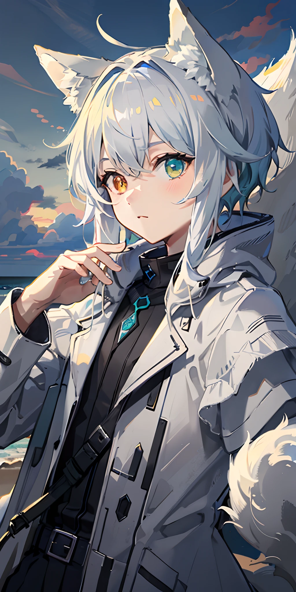 1boy，Shota，(high-definition quality，Masterpiece level)，Fresh and cold boy character，Wolf ears、Wolf Tail highlights the sense of belonging to the character，Heterochromatic eyes and the color of light blue hair echo each other，Light trench coat，with clean lines，Show the modesty and confidence of the character，tmasterpiece, lightblue hair, Heterochromic eyes,(Wolf ears),(Wolf tail)，Light trench coat，One tail，A young boy with，Have by the sea，sunraise