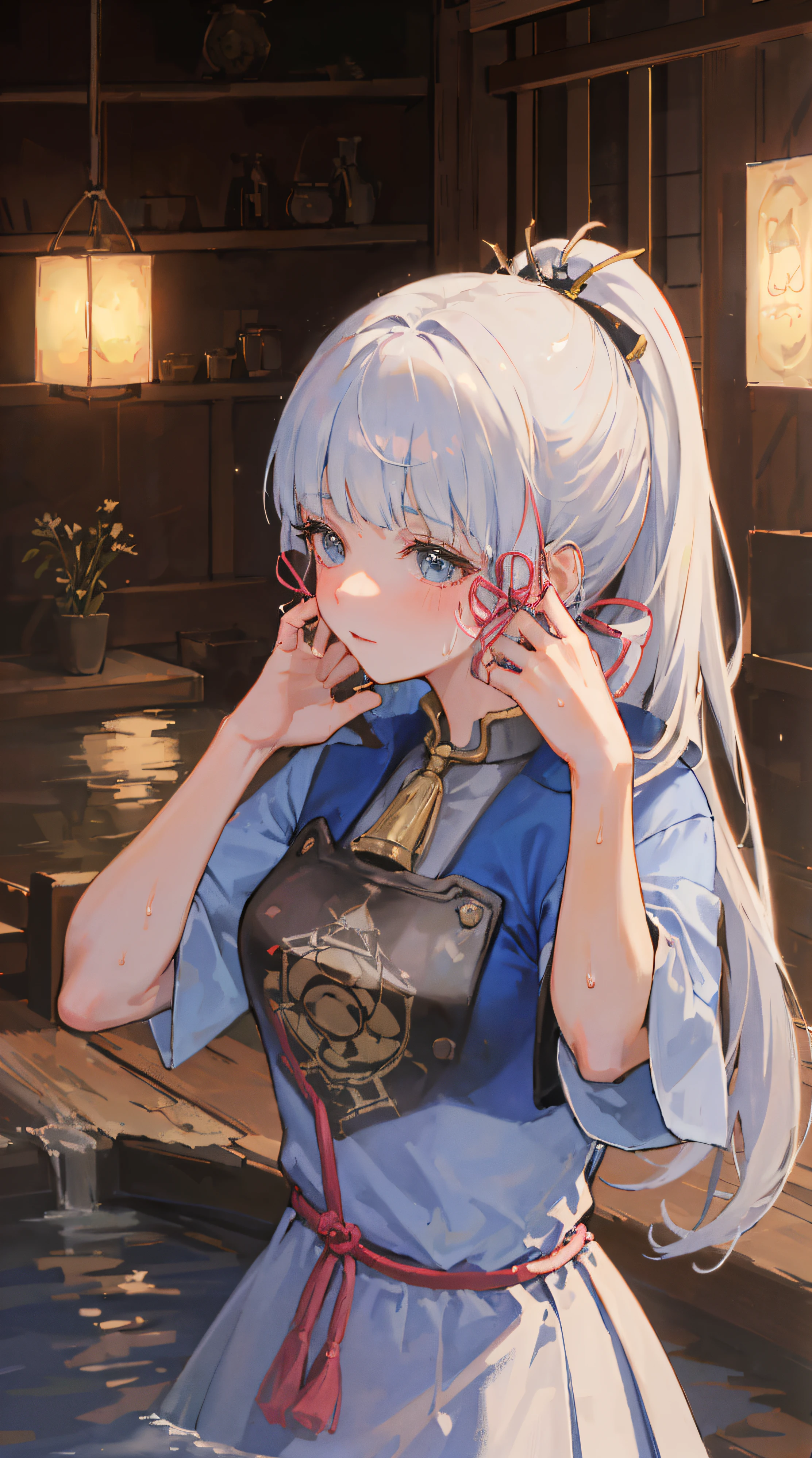 ((beautiful lighting, Best quality, 8K, Masterpiece: 1.3)), 1girl, Perfect body beauty: 1.4, Sweaty + wet skin, dynamic pose, ((white hair)), (White dress: 1.4), (onsen: 1.1), (Hot water bath), Super Fine Face ,Elegant