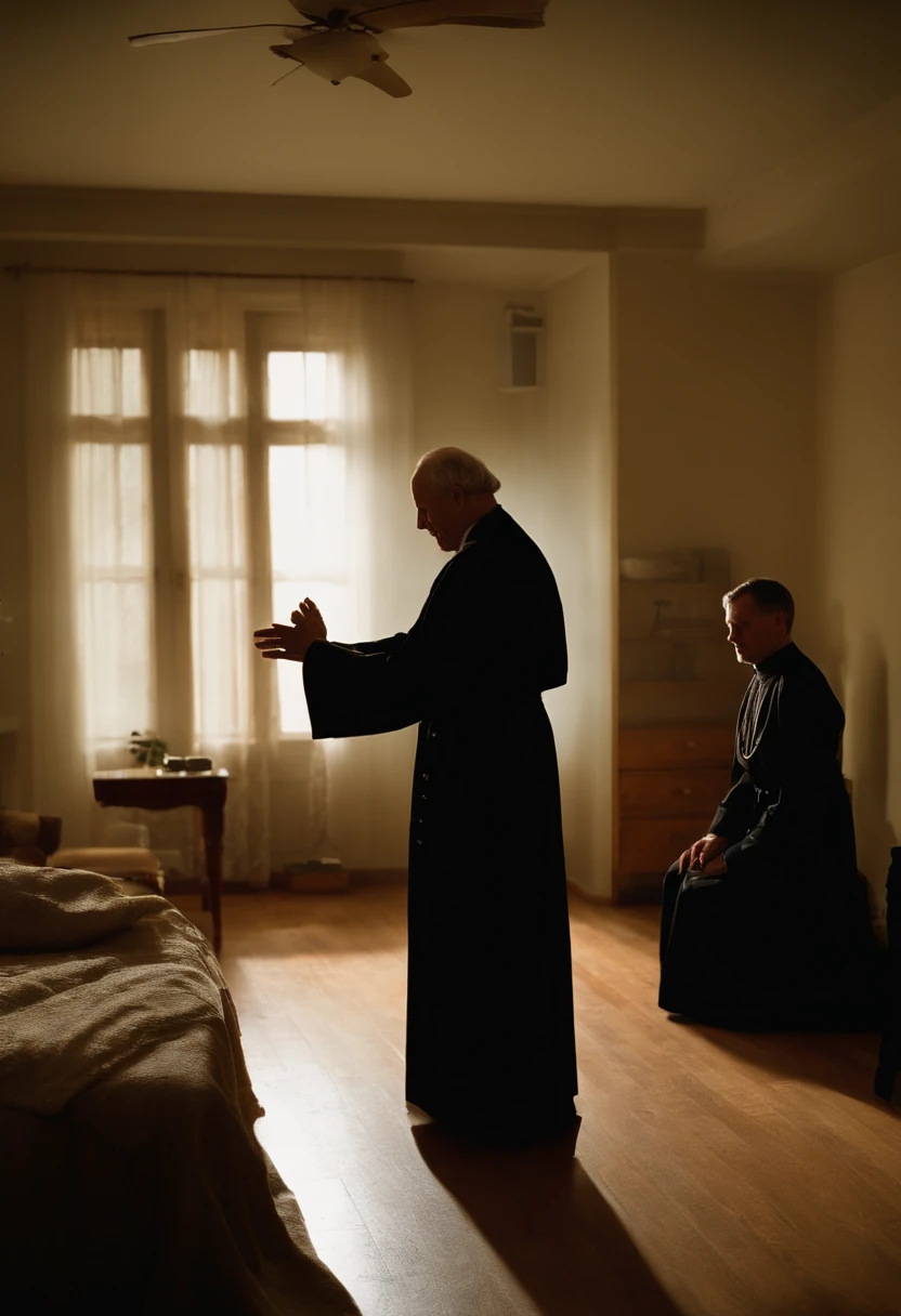 Gary Thomas and two other priests performing an exorcism on Angela, in her apartment in 2005. El estilo es hiperrealista, fotorrealista, cinematography, Hermoso UHD