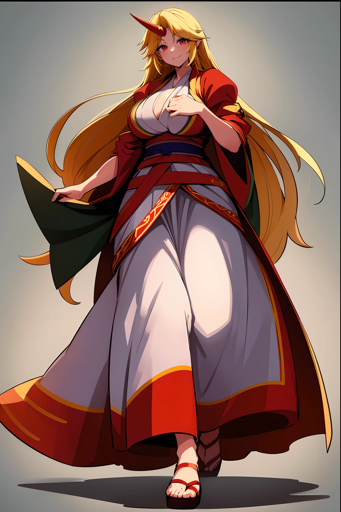 hoshiguma yuugi, european medieval cloths, crazy smile, big breast, large skirt, long skirt, flipflops, full body, standing, medieval clothing,vintageillustration, martial arts, long skirt,(best quality,4k,8k,highres,masterpiece:1.2),mega-detailed,(,1.37),portraits,vivid colors,warm tones,soft lighting