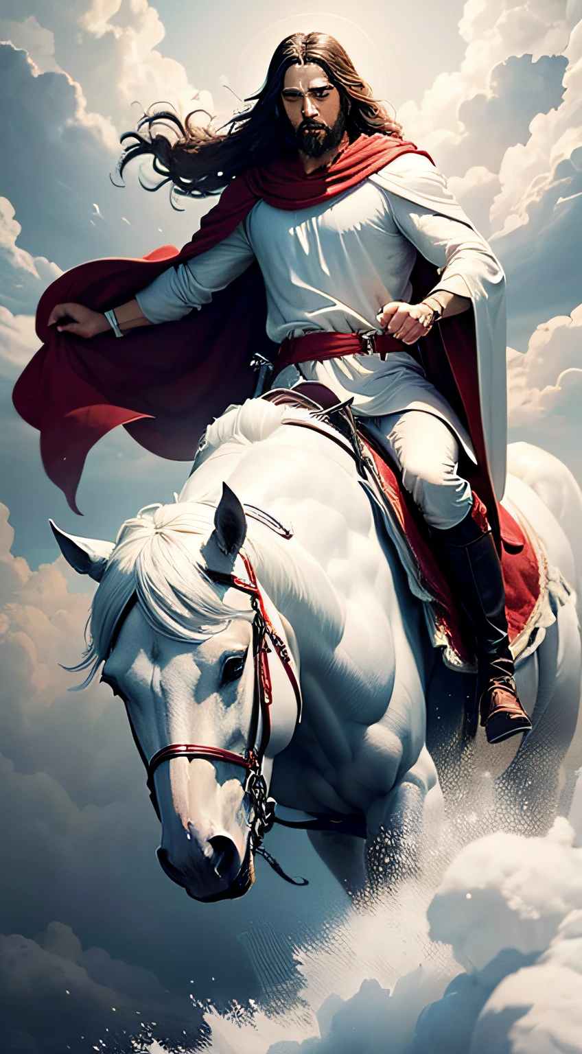 Create an image of Jesus, He is dressed in a white robe, with a red cape, splashed with blood. He's coming from heaven riding a white horse,
