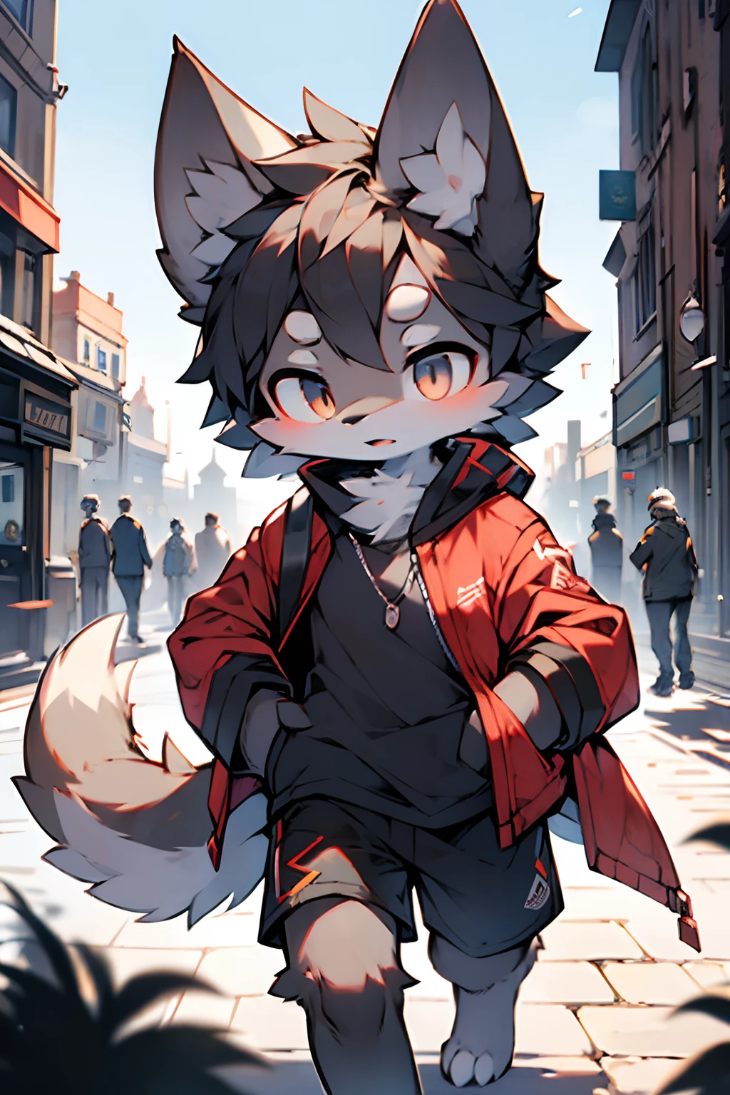 london, England, Twentieth century，gray wolf，Female，slender figures，Long thick black hair，There are two small braids，Run，Light gray，Black  shorts，Red coat，Black shirt，dark gray eyes，Put your hands in your shirt pocket，Handsome（A masterpiece）（high qulity）（Clear structure）（Clear lines）（Background of extreme detail）（extremelydetailedcharacter）