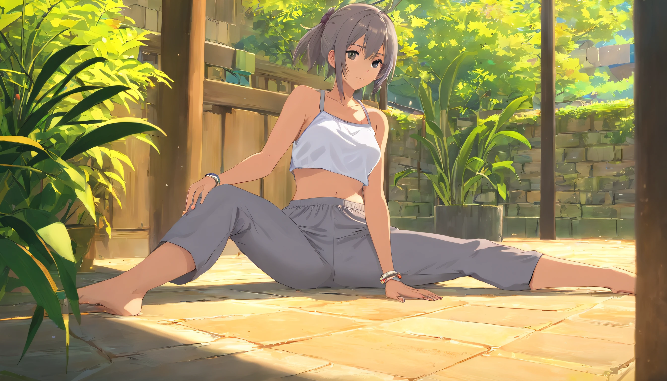 Meio corpo grande angular foto profissional de uma bela jovem magra espanhola, uma mulher magra andando em pose natural, ((foto frontal do lado esquerdo)), (((Barriga lisa fina perfeita mostrando))), ((cabelos curtos castanhos)), (((tight low-waisted grey harem pants))), ((crotch showing over the waist of harem pants)), ((cabresto branco apertado crop top)), clivagem, poder peito redondo, lacuna na coxa, pernas finas, ((cintura fina sexy mostrando)), ((quadris mostrando)), ((umbigo mostrando)), fundo da natureza da paisagem, Baixa profundidade de campo, Ponto de Fuga, foto de luz brilhante, fotografia casual real, Natural relaxed pose, estilo natural realista, Centrado, symmetric, Foto de baixo, wide angle, nikon Z9 35mm F1.8, Directed by: David Lazar e Joel Santos