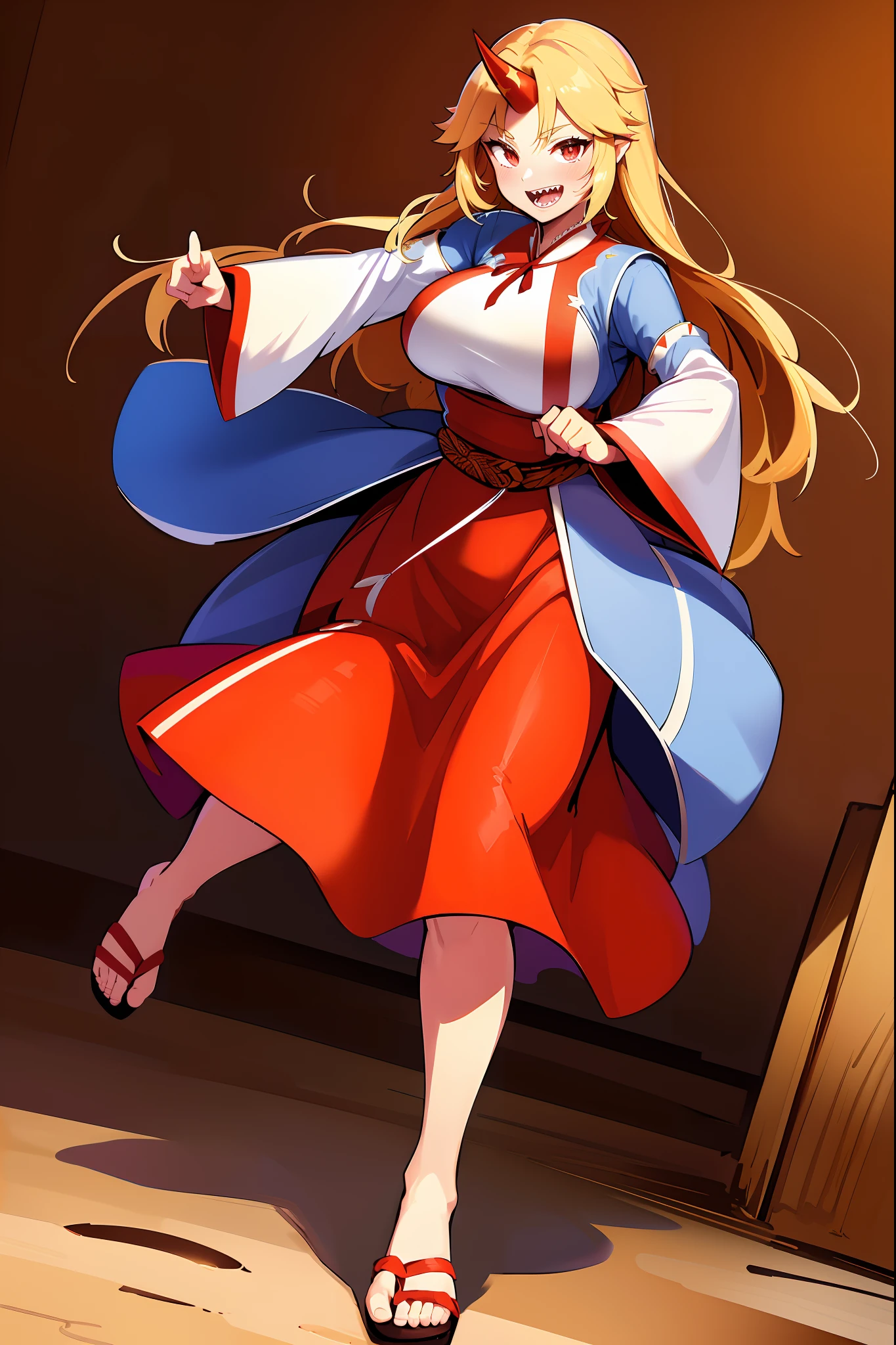 hoshiguma yuugi, european medieval cloths, crazy smile, big breast, large skirt, long skirt, flipflops, full body, standing, medieval clothing,vintageillustration, martial arts, long skirt,(best quality,4k,8k,highres,masterpiece:1.2),mega-detailed,(,1.37),portraits,vivid colors,warm tones,soft lighting, sharpteeth open mouth ,smile