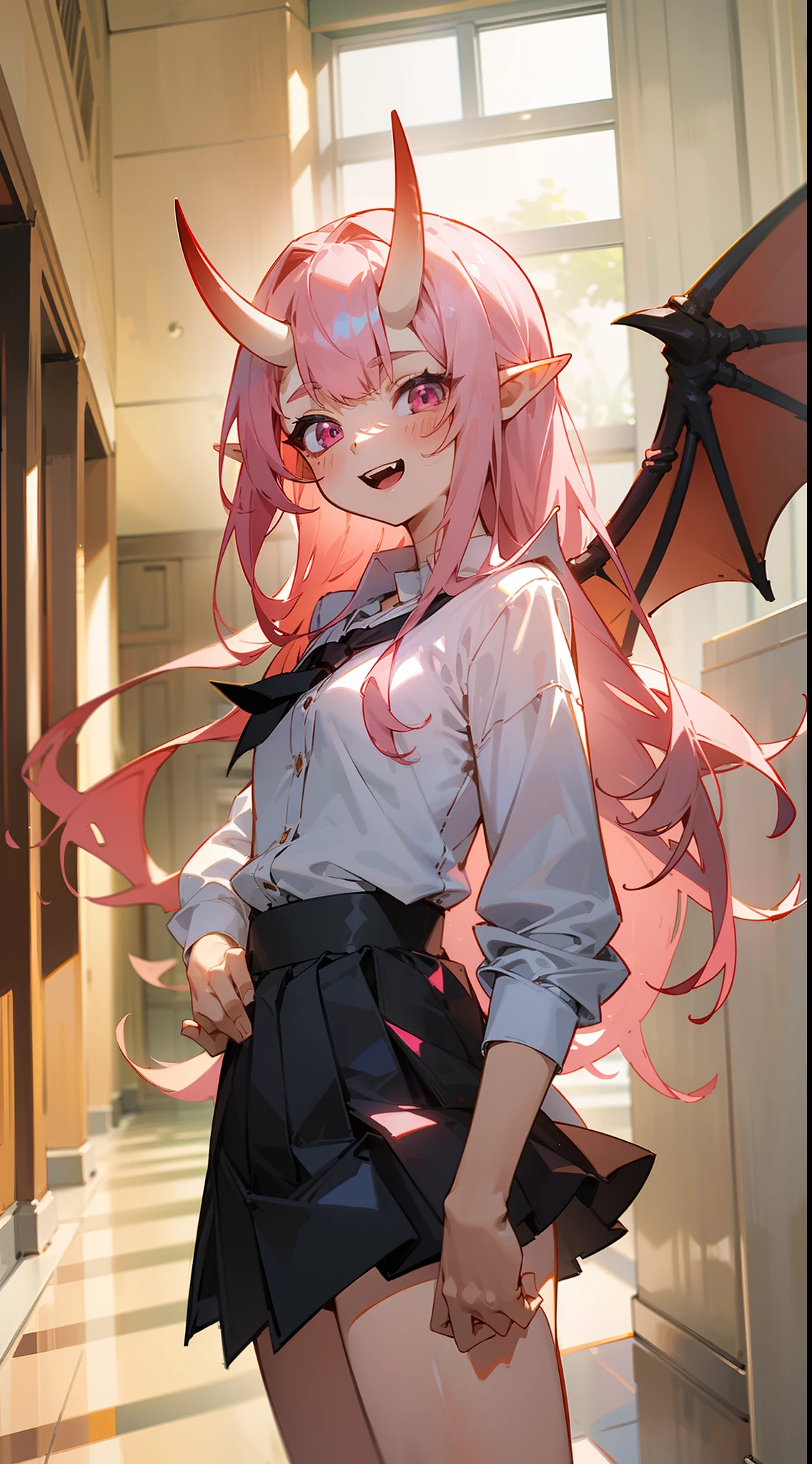 masterpiece, best quality,1girl,((small body,8years)),solo, cute face, pink eyes, small breast,oni horns, white shirt,black skirt,long hair, pink hair, pointy ears,dragon wings,happy,smile,open mouth,(standing in a school hallway,sunlight),hands on waist,cowboy shot