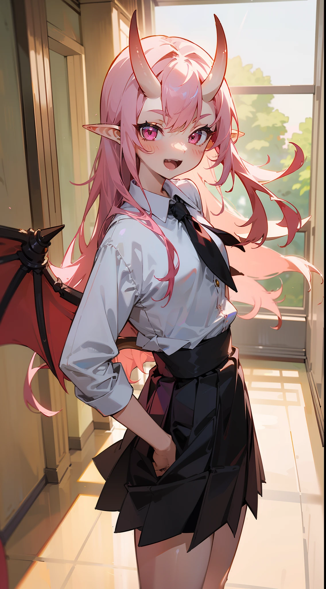 masterpiece, best quality,1girl,((small body,8years)),solo, cute face, pink eyes, small breast,oni horns, white shirt,black skirt,long hair, pink hair, pointy ears,dragon wings,happy,smile,open mouth,(standing in a school hallway,sunlight),hands on waist,cowboy shot